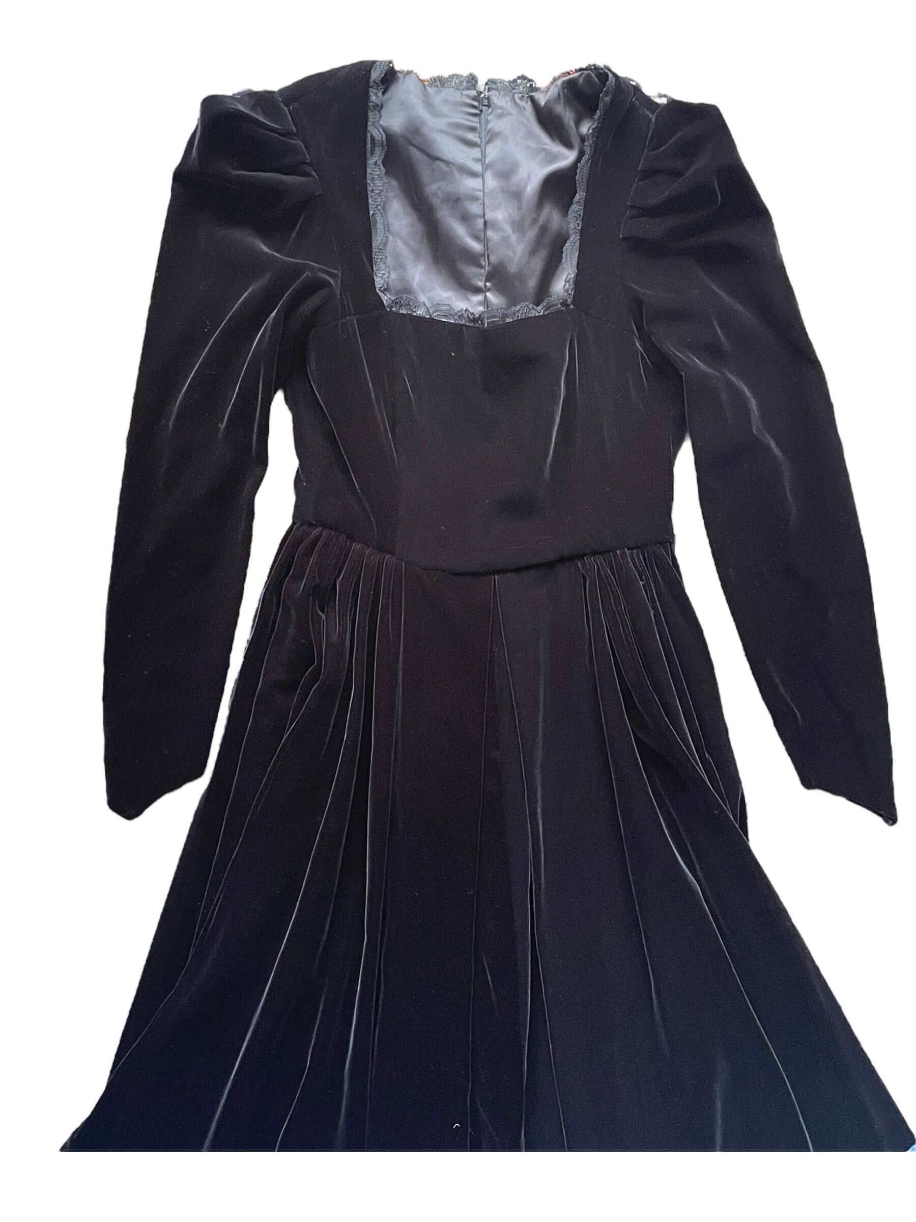 Front top view of Vintage 1970s Black Velvet Dress |  Barn Owl Vintage Dresses | Seattle Vintage Ladies Clothing