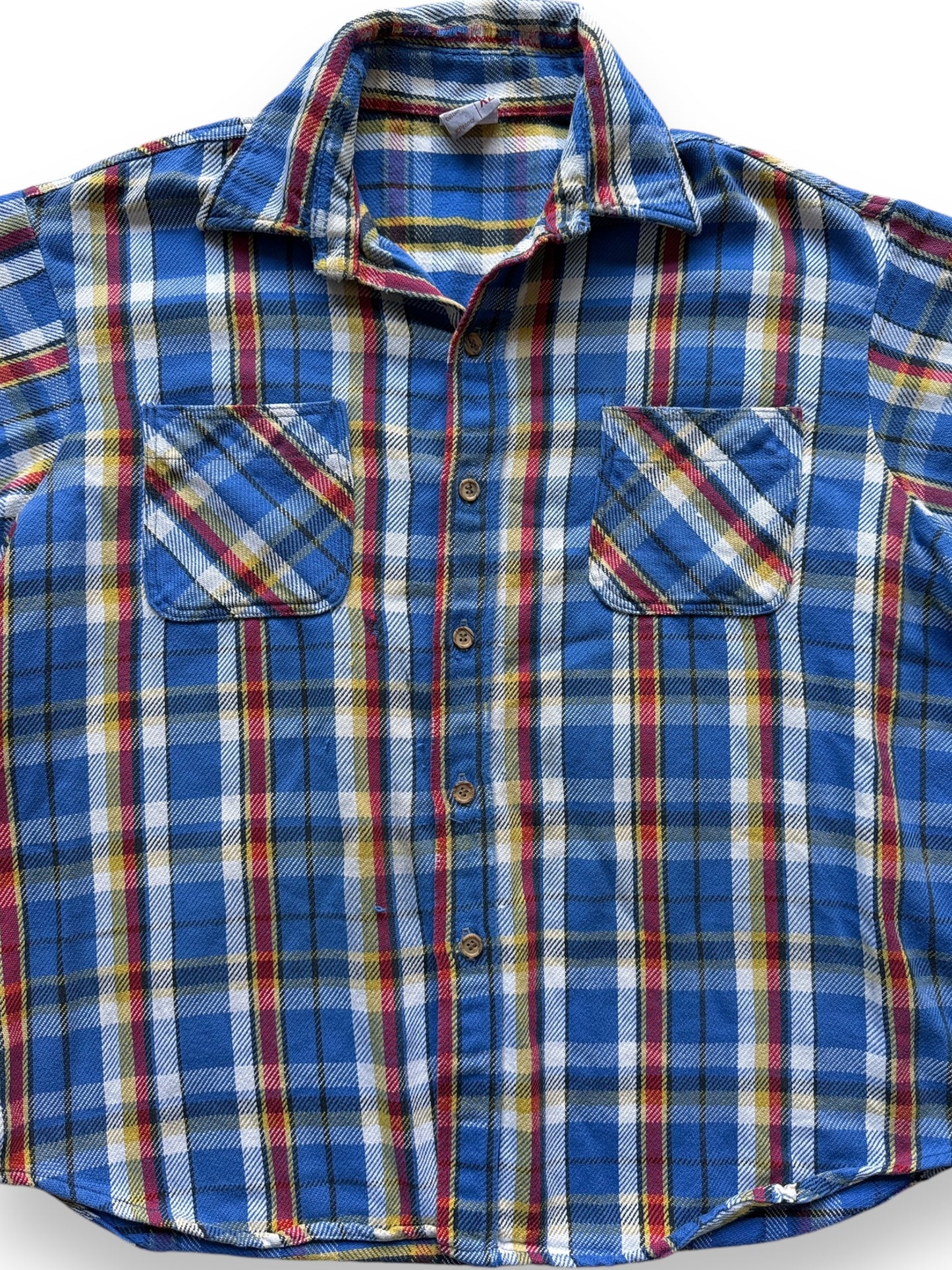 front close up of Vintage Big Mac Blue/Red/Yellow Short Sleeve Cotton Flannel SZ XL