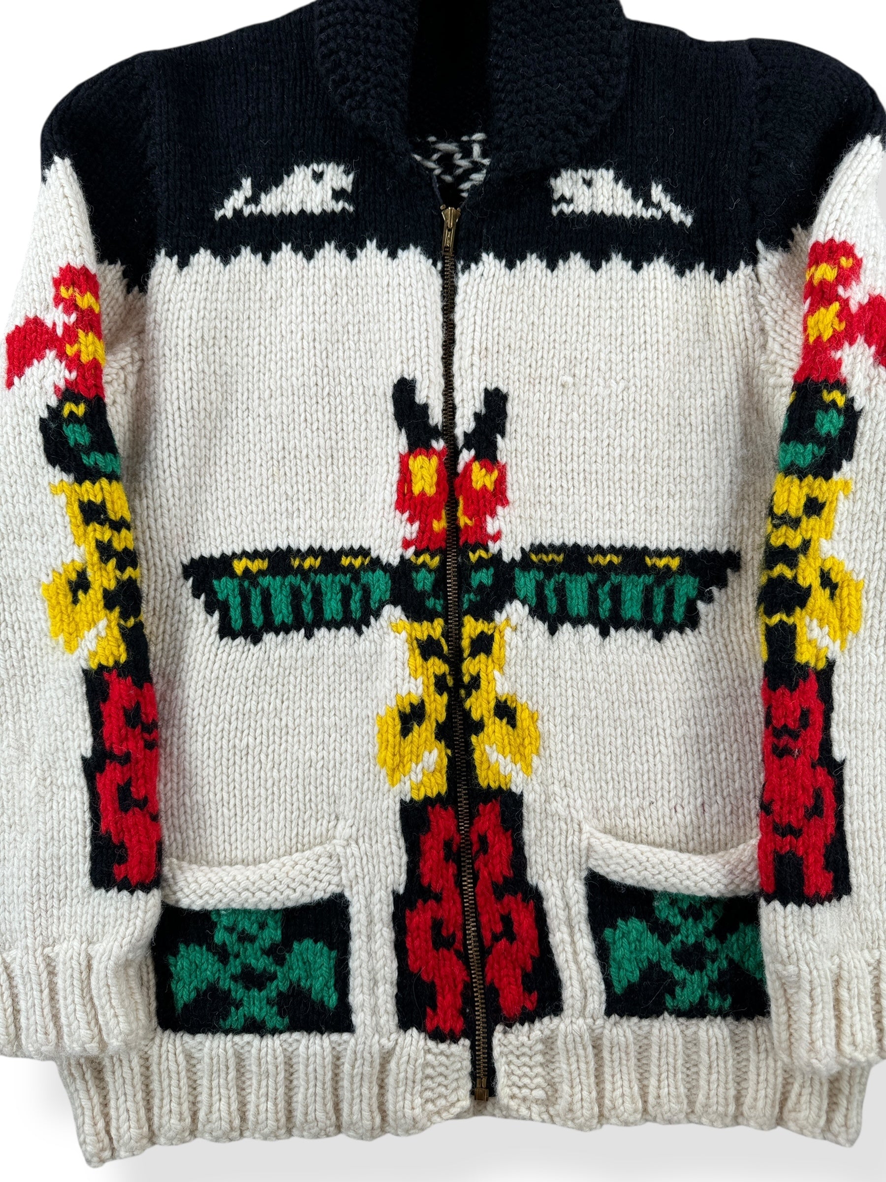 Front Close Up of Vintage 60s Era Totem Pole Cowichan Sweater SZ S