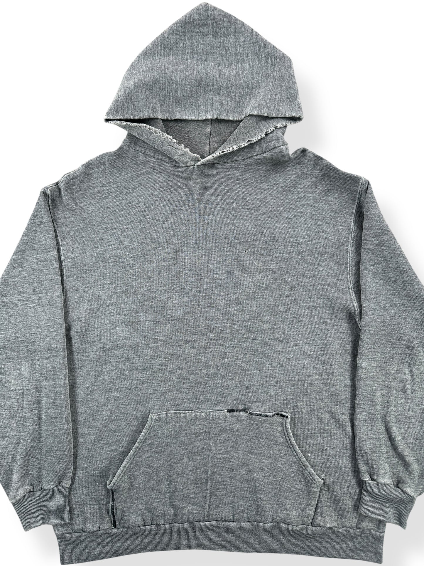 Front Close Up of Vintage Grey Distressed and Repaired Hoodie SZ M