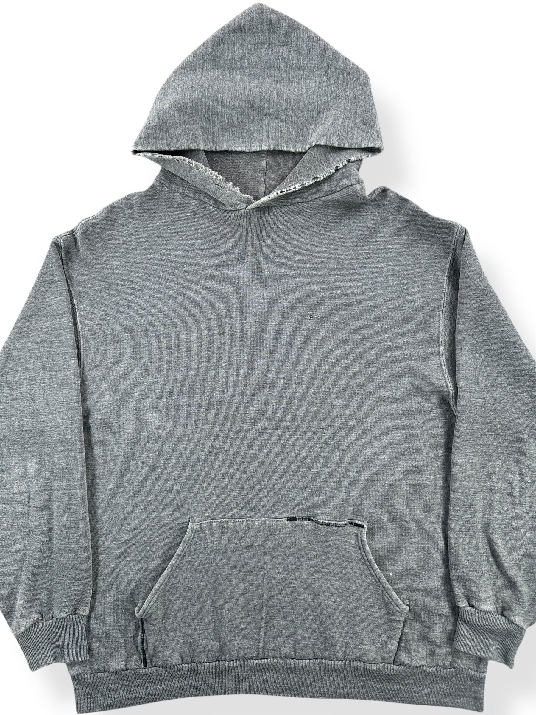 Front Close Up of Vintage Grey Distressed and Repaired Hoodie SZ M
