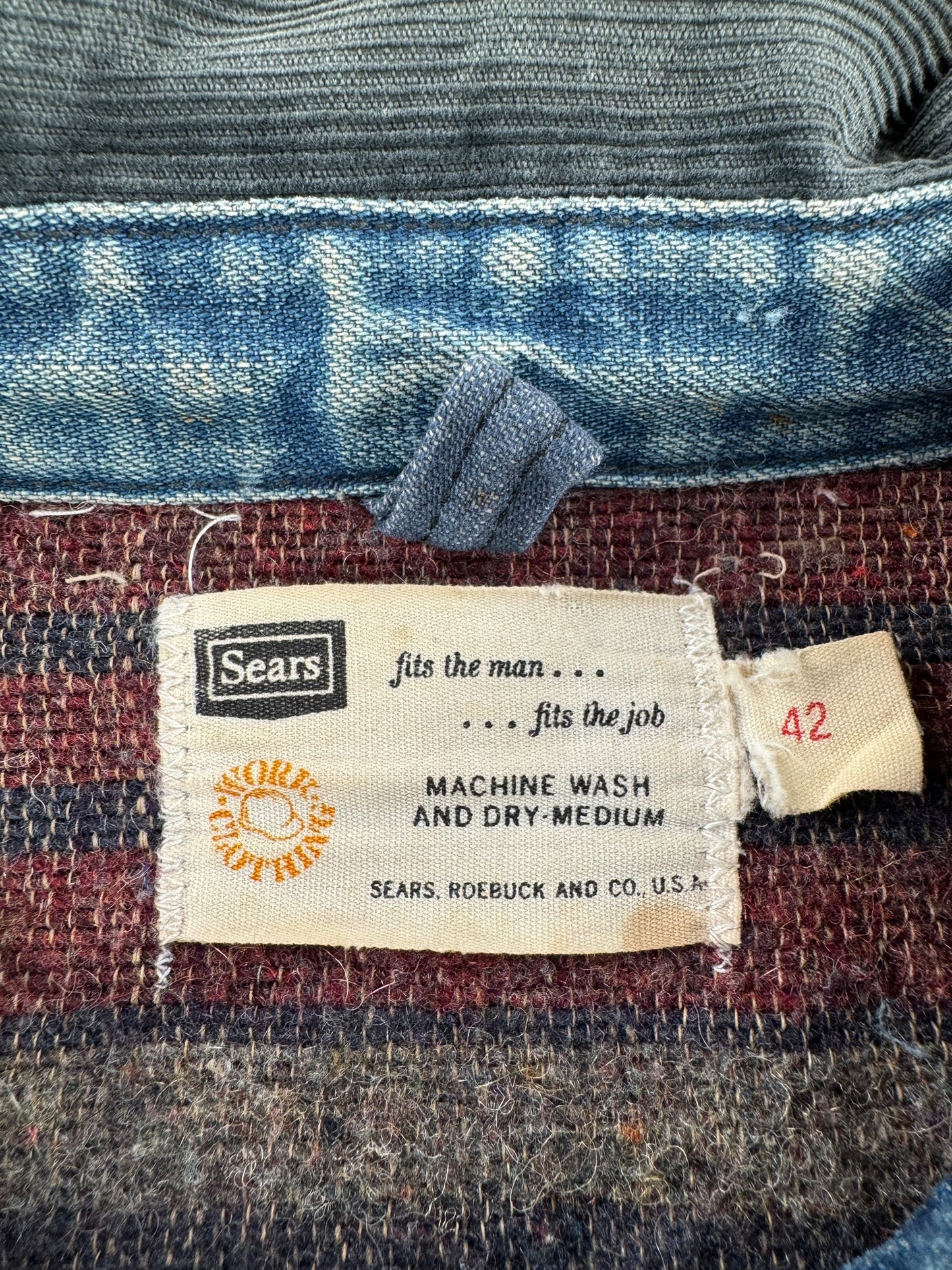 Label on Vintage Sears Blanket Lined Chore Coat SZ 42