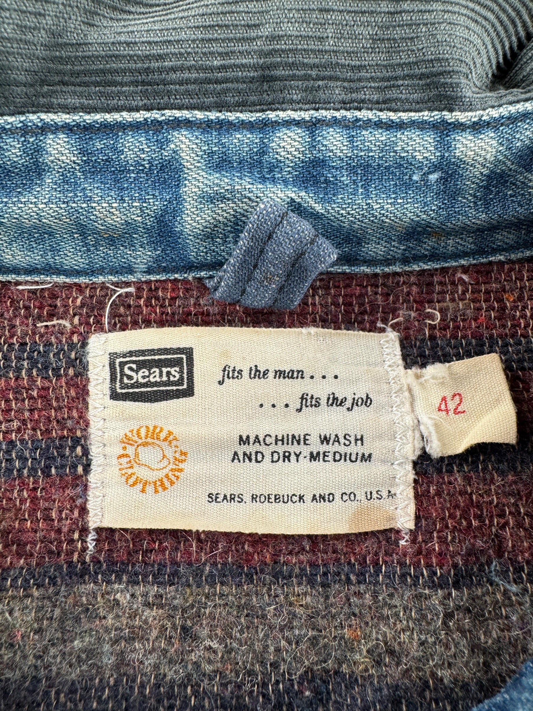 Label on Vintage Sears Blanket Lined Chore Coat SZ 42