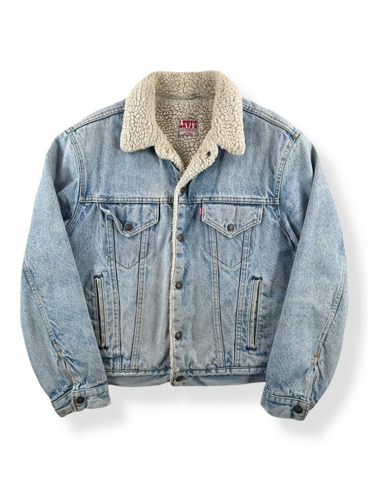Front of Vintage Light Wash Levis Shearling Denim Trucker Jacket SZ 42