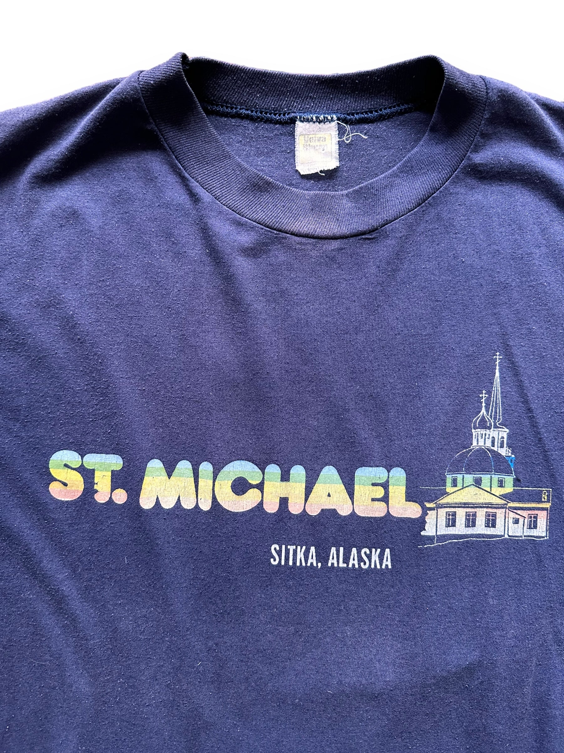 Front Graphic Detail on Vintage St. Michael's Sitka Alaska Tee SZ M | Vintage Alaska T-Shirts Seattle | Barn Owl Vintage Clothing Seattle