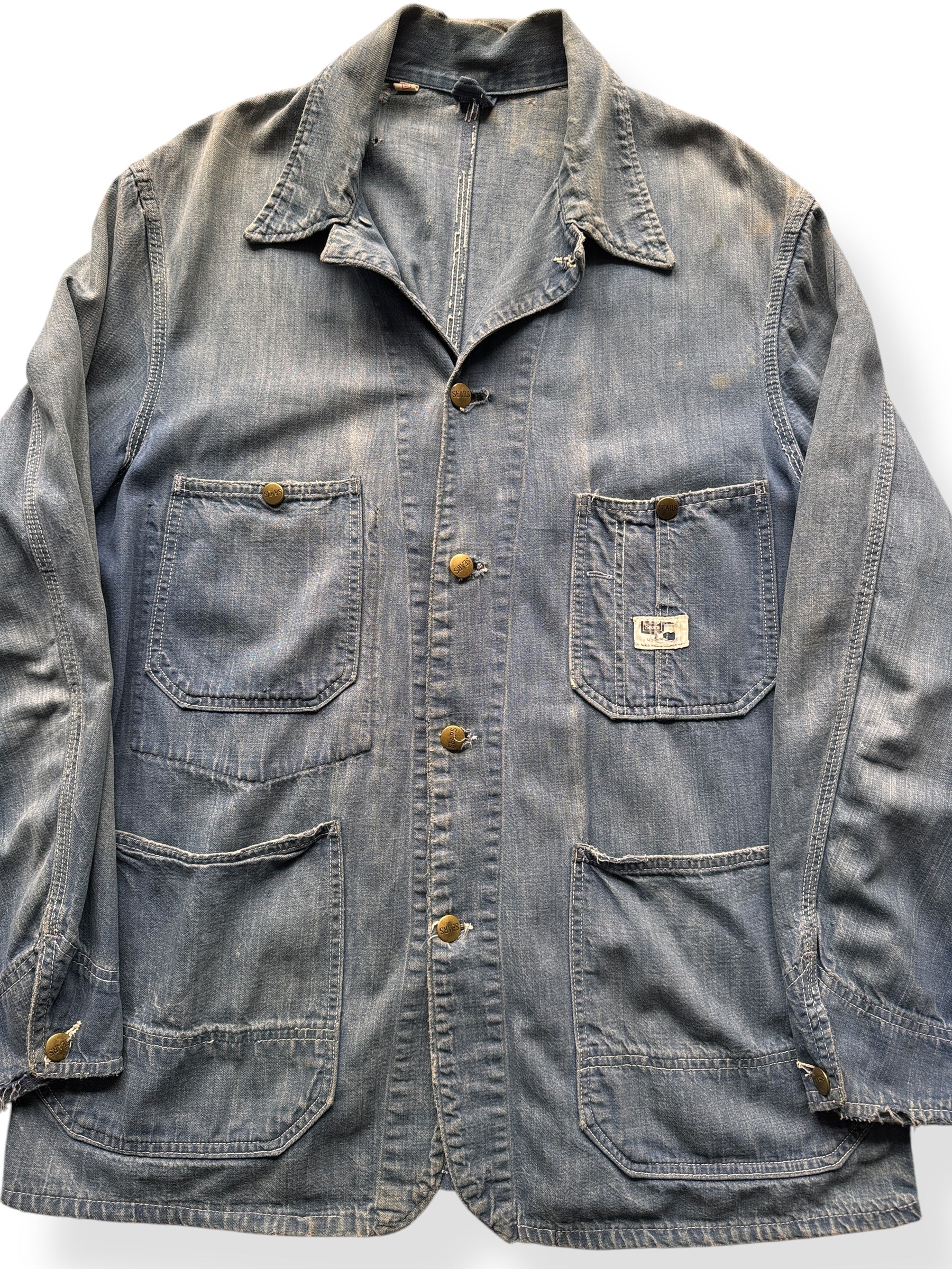 Front Close Up of Vintage Sears Distressed Unlined Denim Chore Jacket SZ 42 AS IS