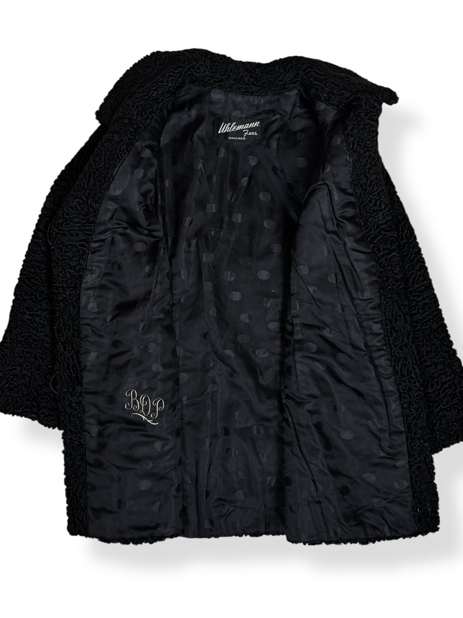 Open view of 1960s Uhlemann Furs Curly Lamb Coat L