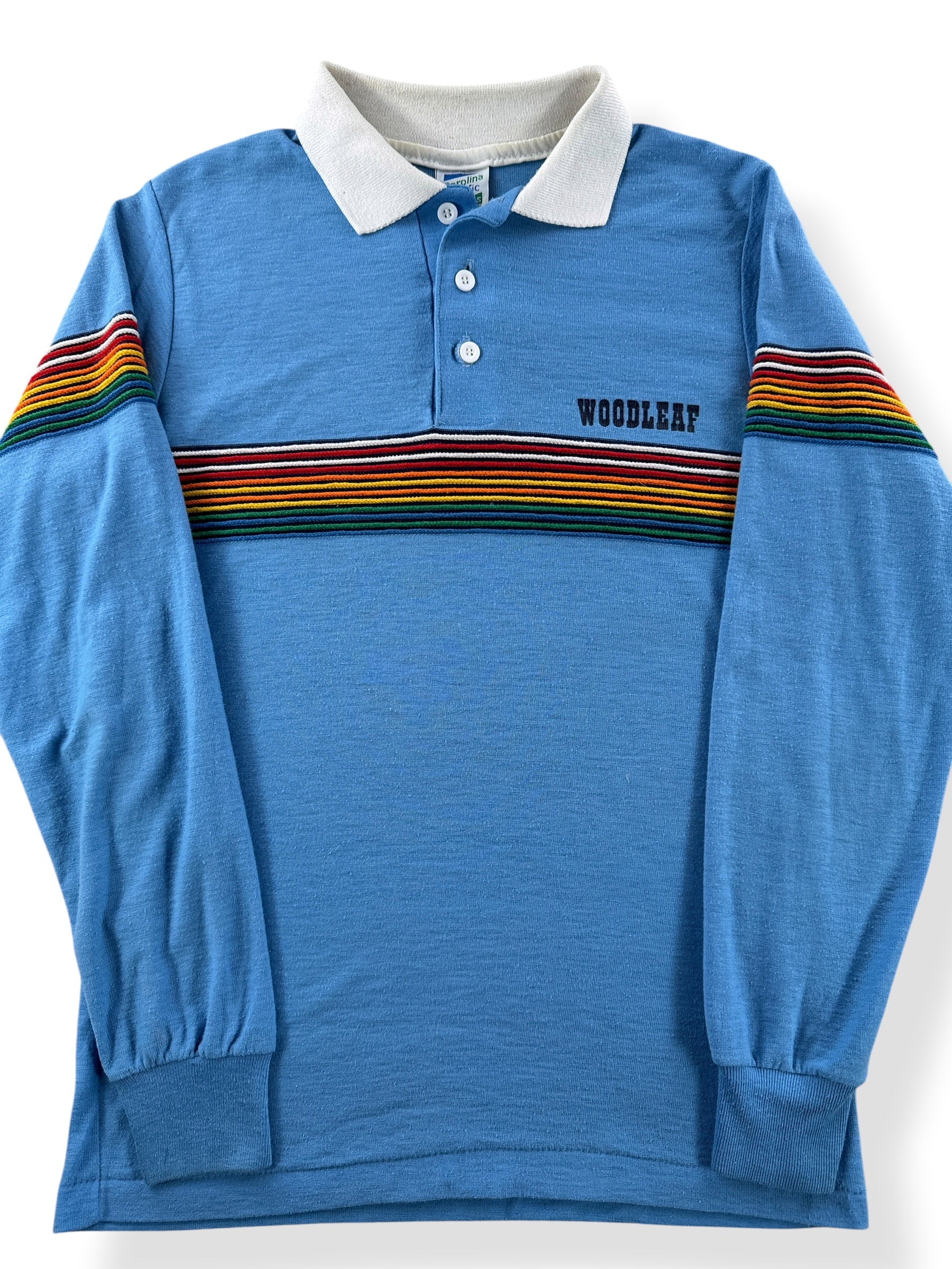 Close-up of Vintage Woodleaf Rainbow Stripe Polo Shirt SZ S