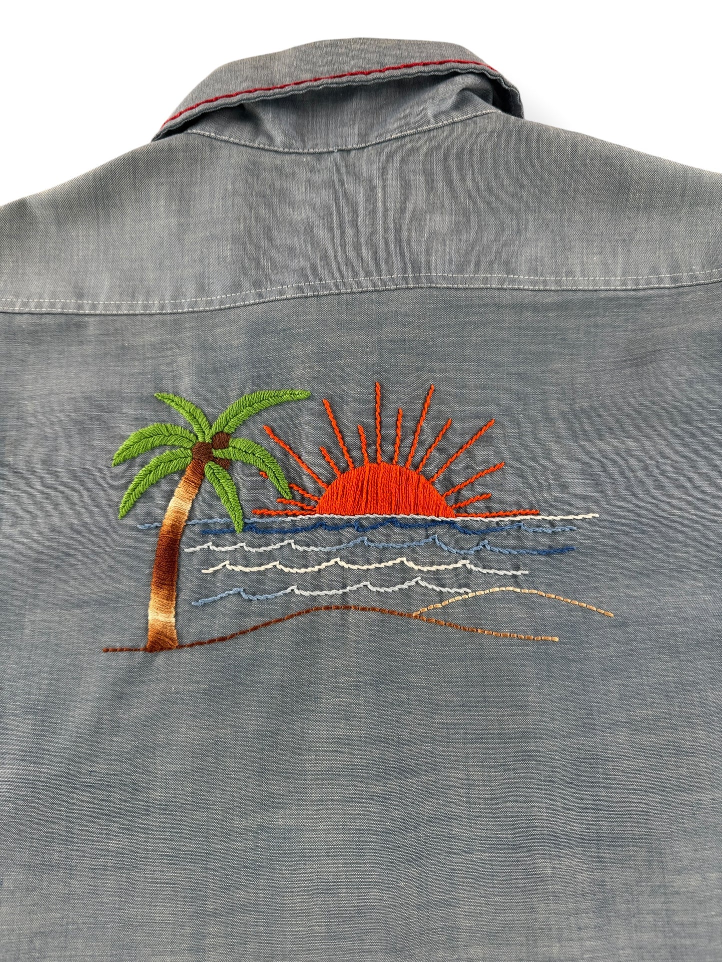 Back Embroidery on Vintage Hippie Embroidered Big Mac 50/50 Chambray Shirt SZ XL