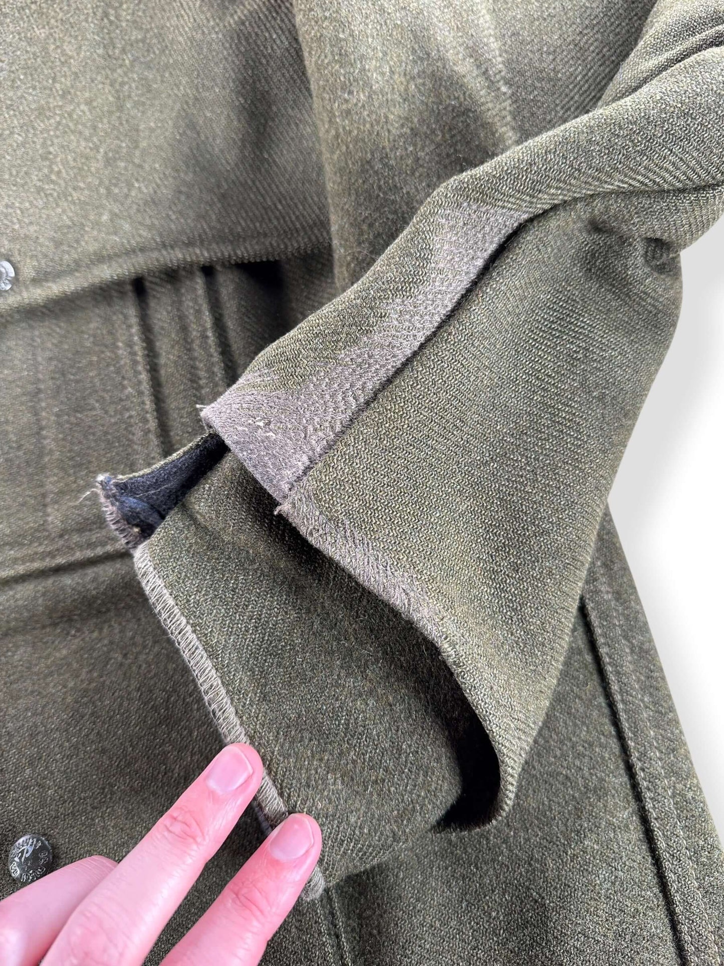 Repairs on Vintage 90s Era Repaired Filson Olive Green Double Mackinaw Jacket SZ 46