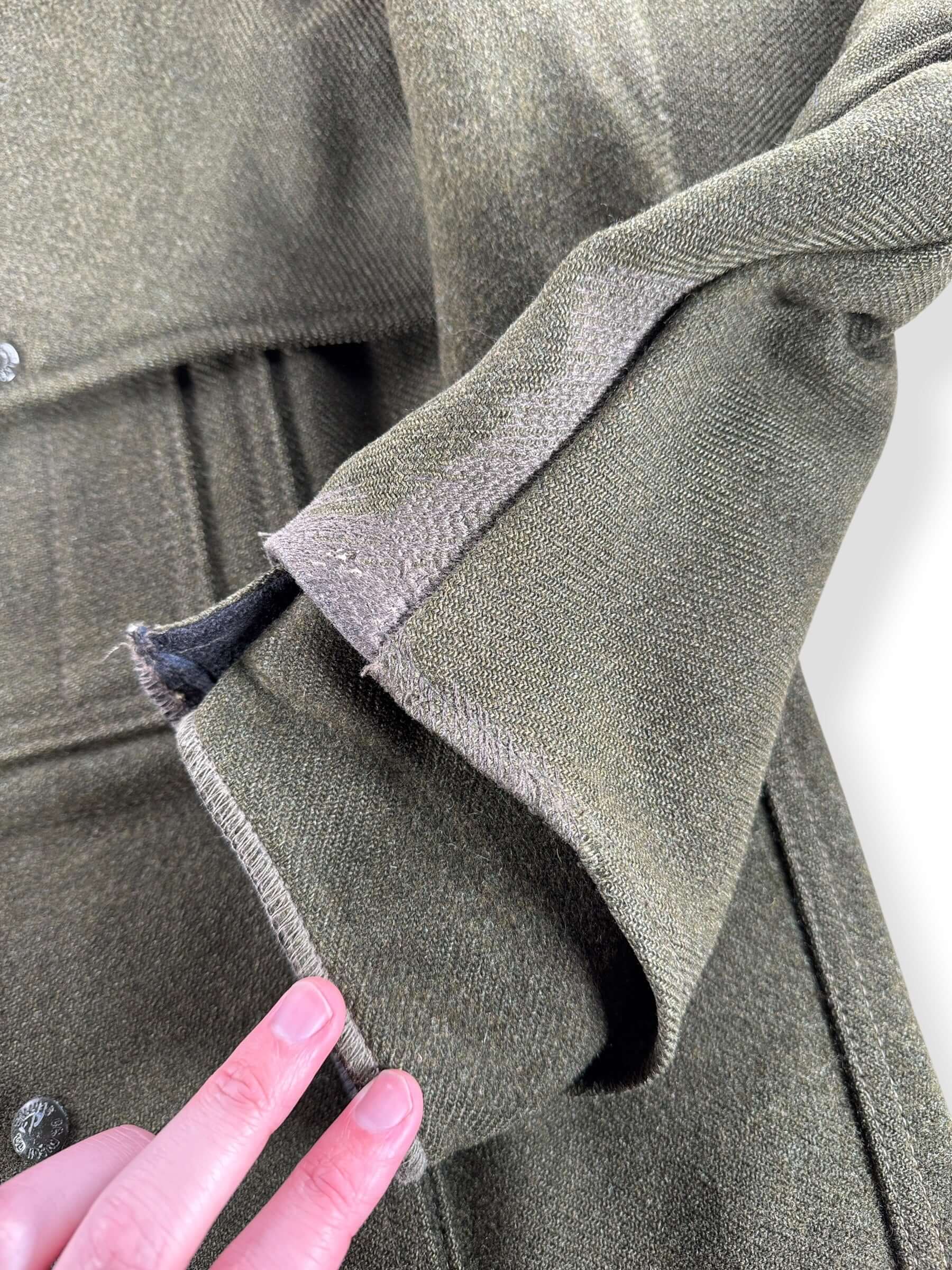 Repairs on Vintage 90s Era Repaired Filson Olive Green Double Mackinaw Jacket SZ 46