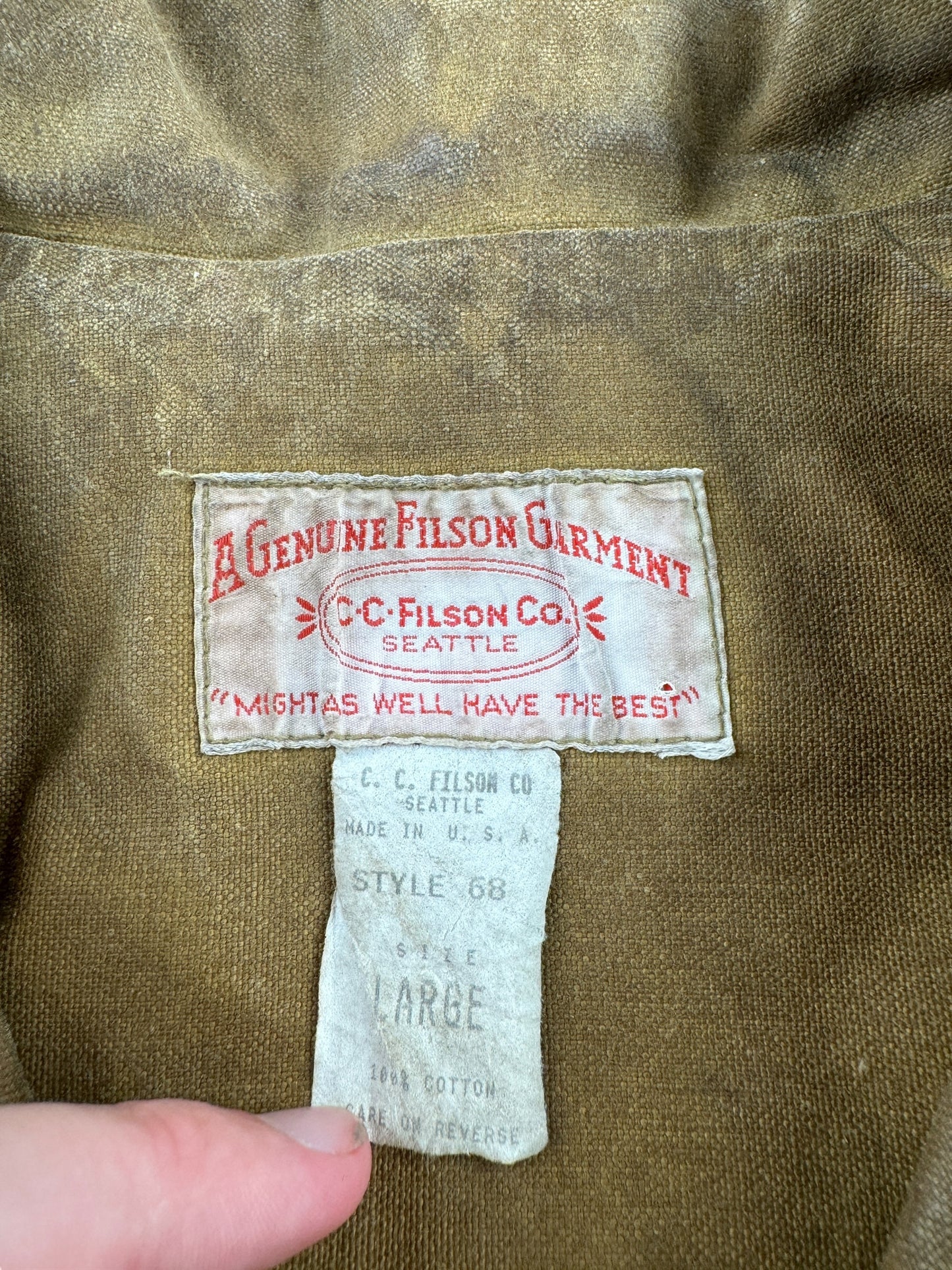 Tag on Vintage Filson Style 68 Tin Cloth Jacket SZ L