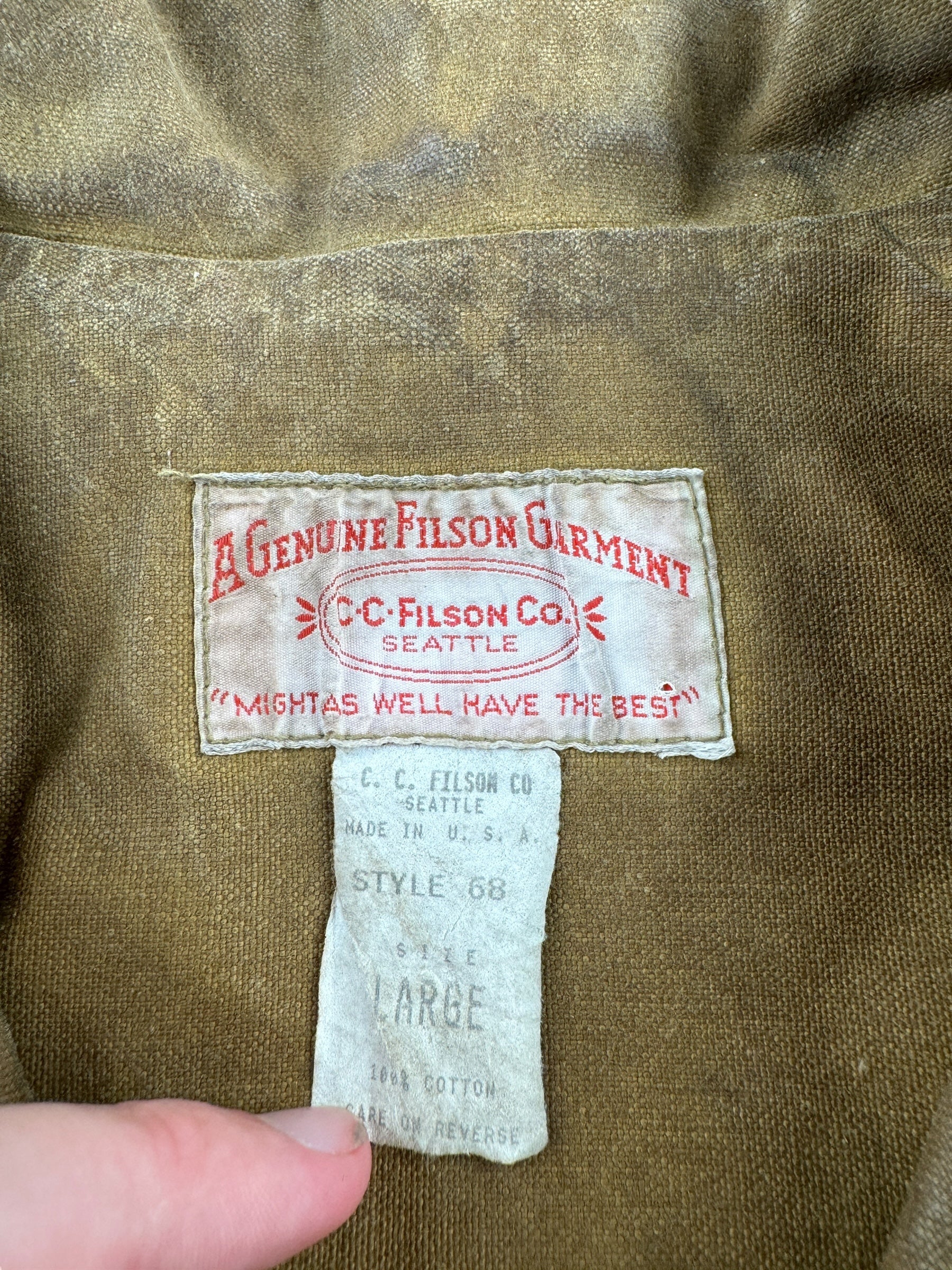 Tag on Vintage Filson Style 68 Tin Cloth Jacket SZ L