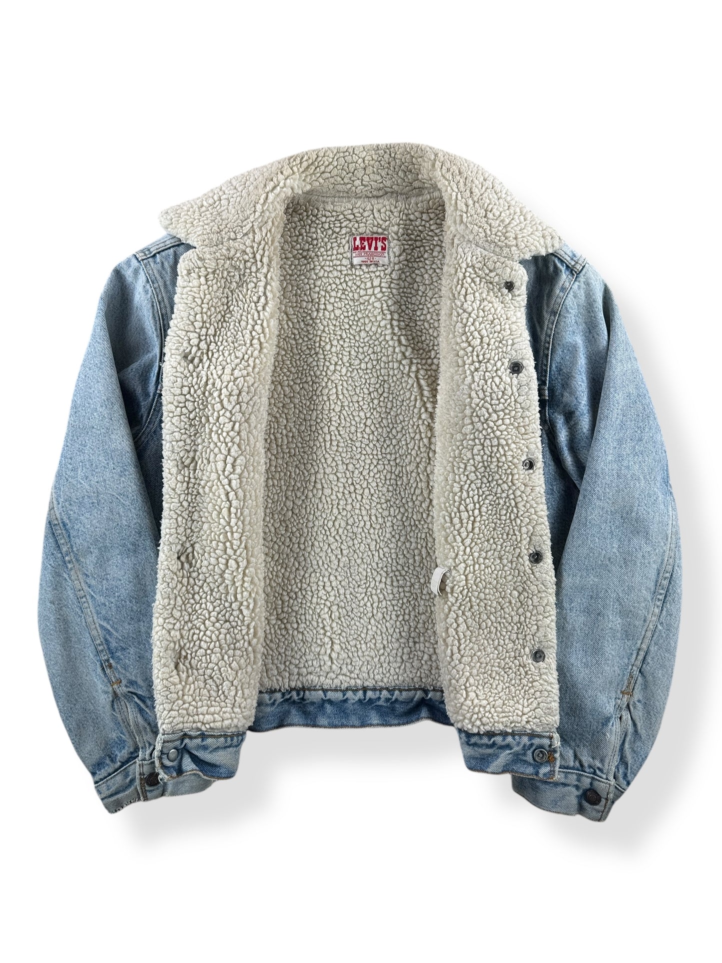 Inside of Vintage Light Wash Levis Shearling Denim Trucker Jacket SZ 42
