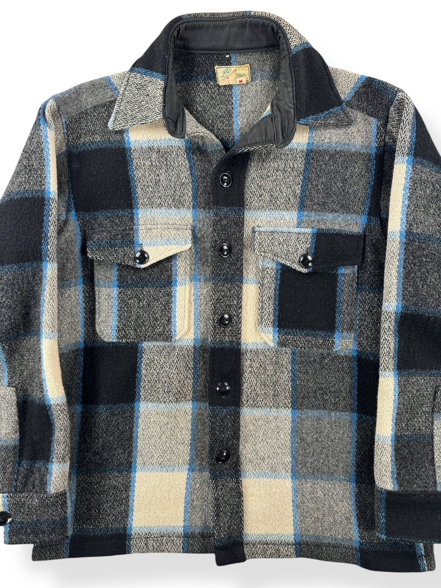 Front Close Up of Vintage Script Era LL Bean Wool Shirt Jacket SZ M