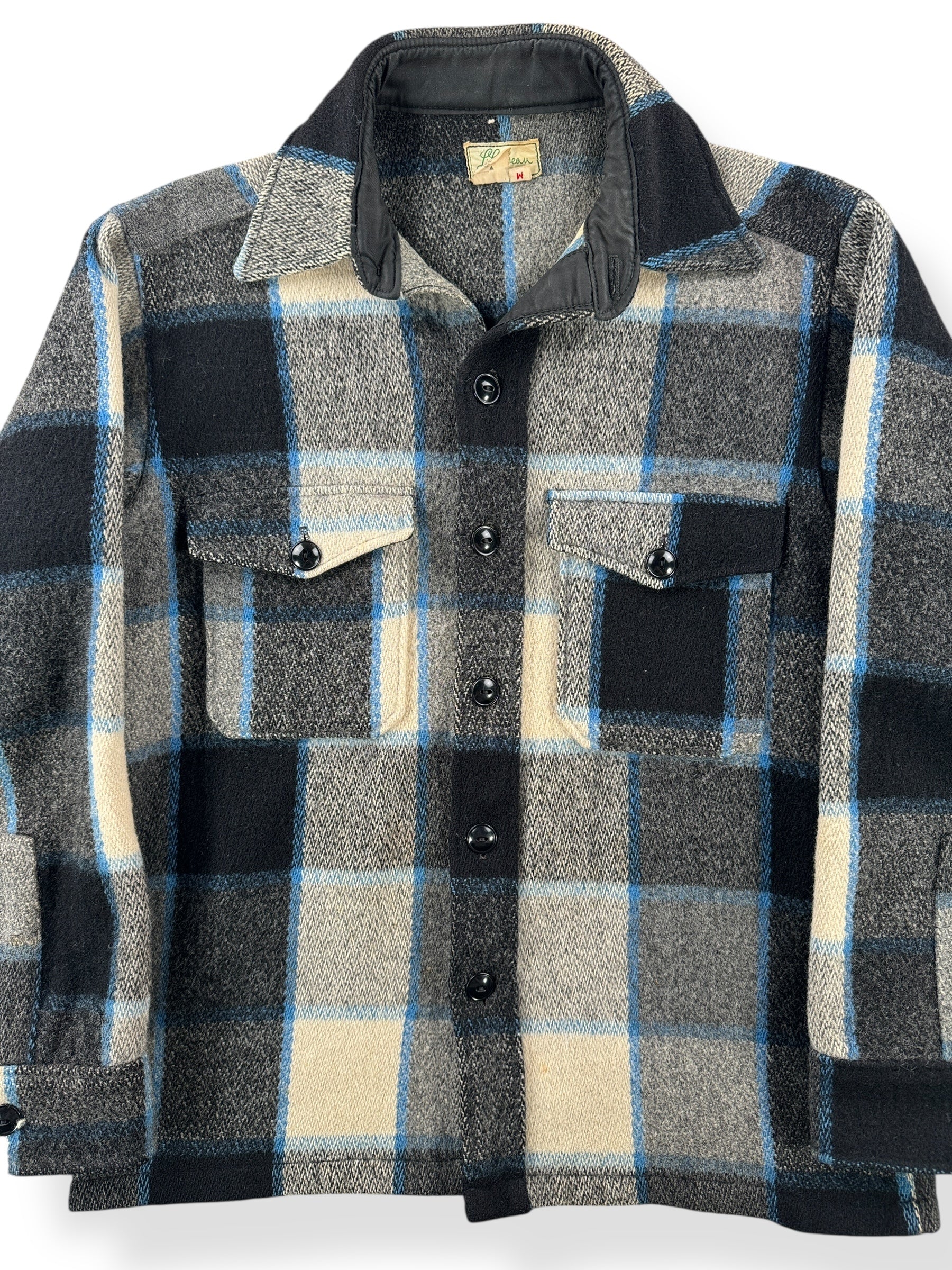 Front Close Up of Vintage Script Era LL Bean Wool Shirt Jacket SZ M