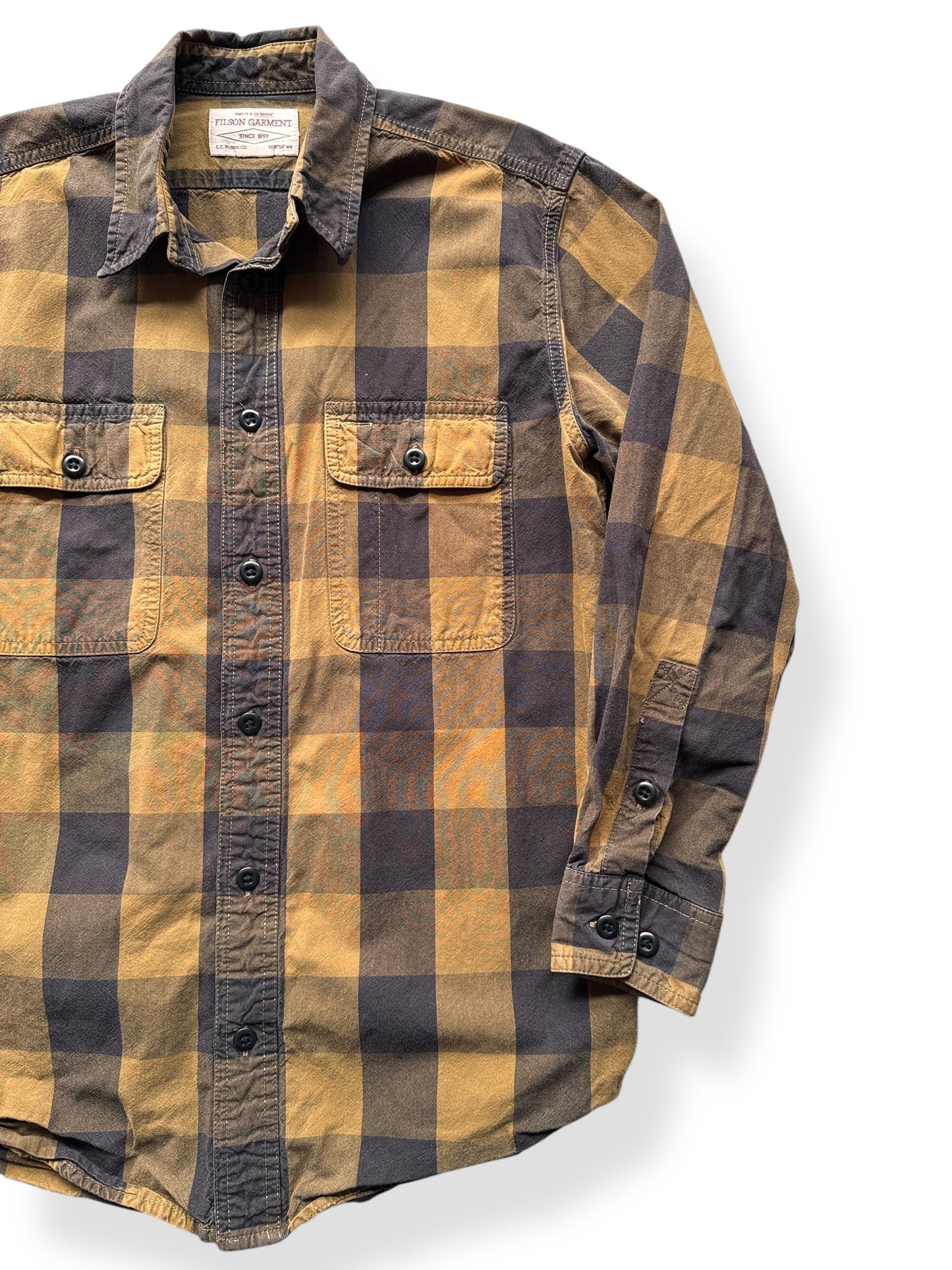 Front Left of Modern Filson Brown Black Plaid Button Up SZ M