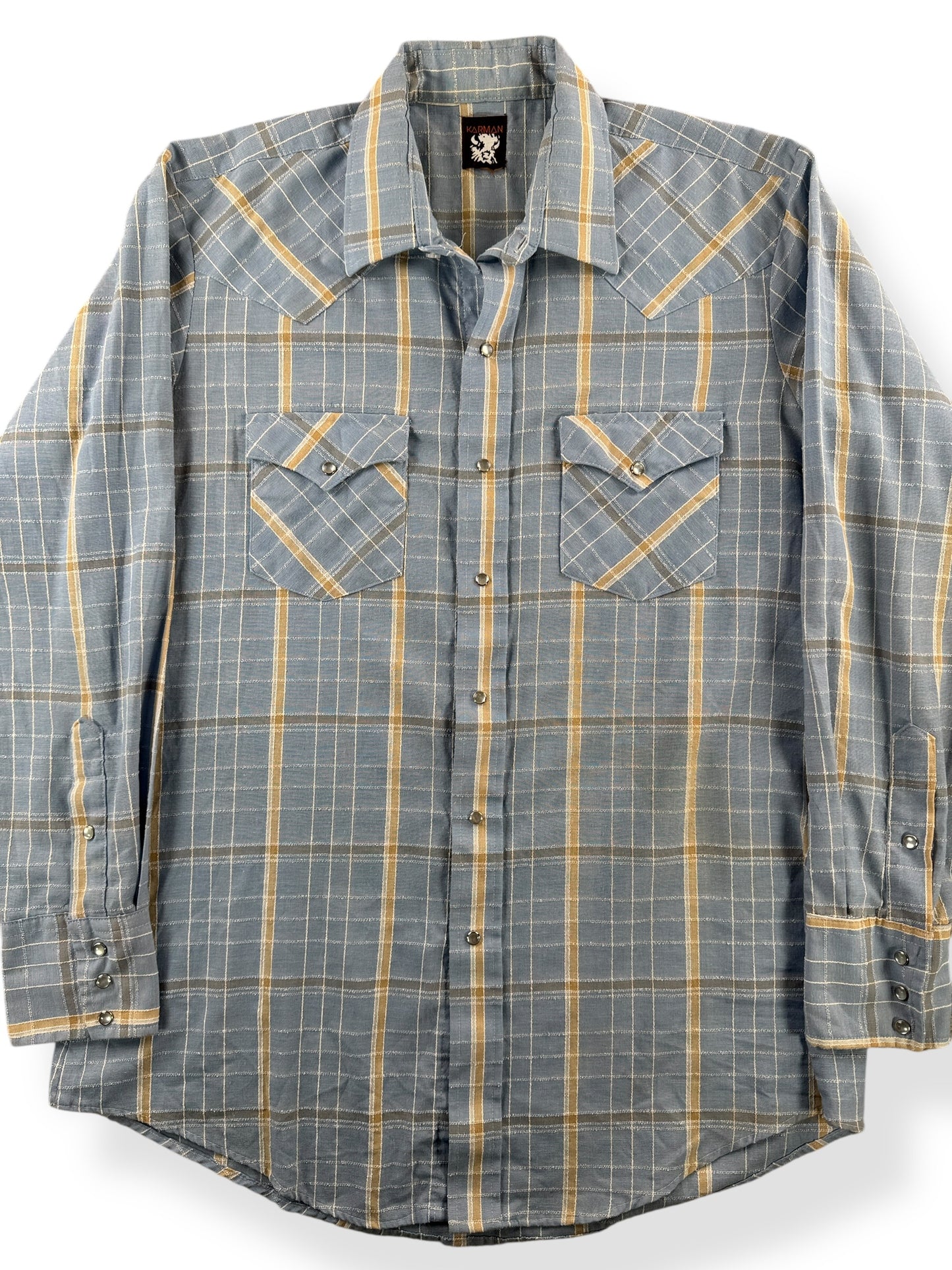 Front Close Up of Vintage Karman Cotton/Poly Pearl Snap Western Shirt SZ L