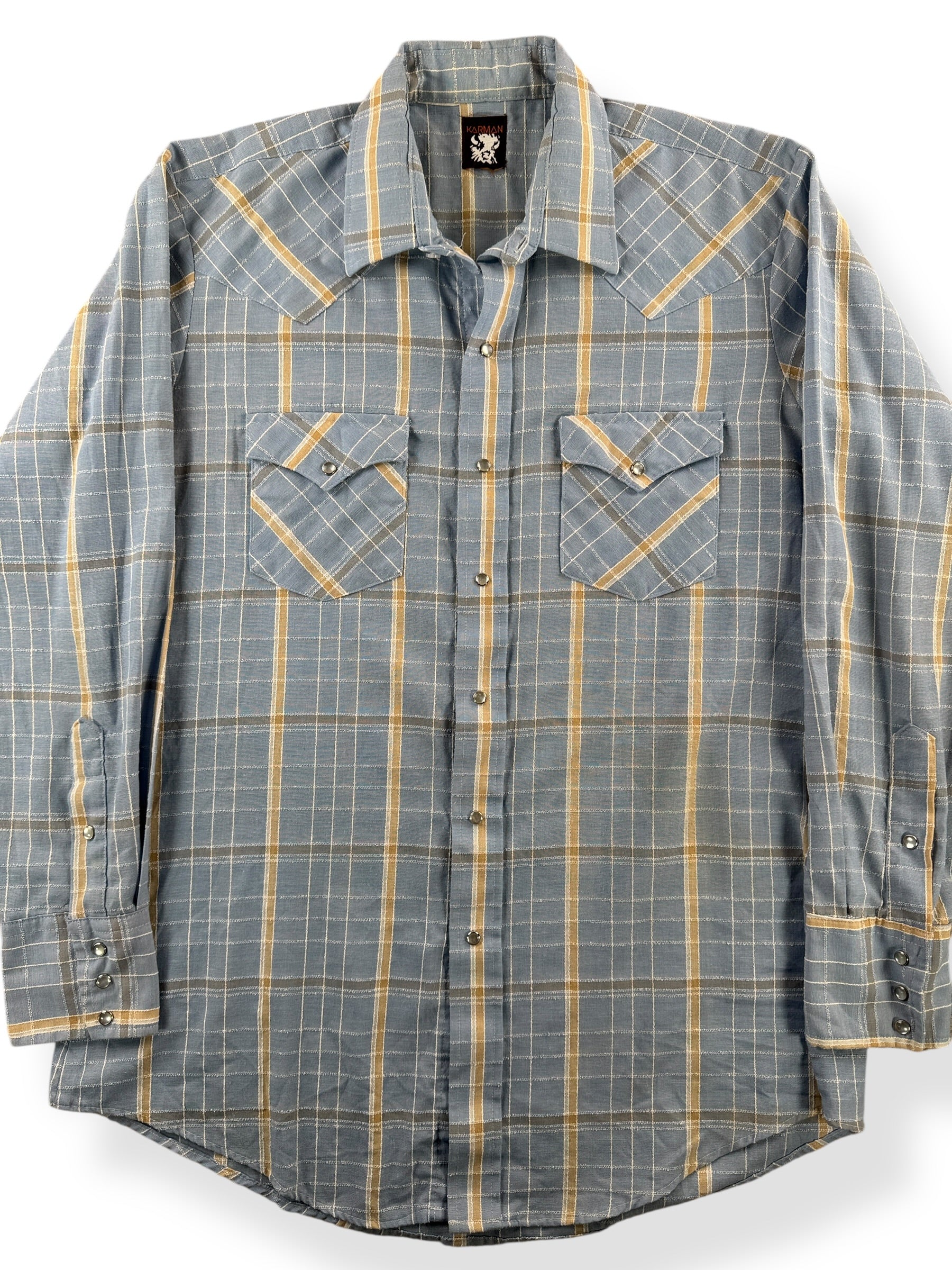 Front Close Up of Vintage Karman Cotton/Poly Pearl Snap Western Shirt SZ L