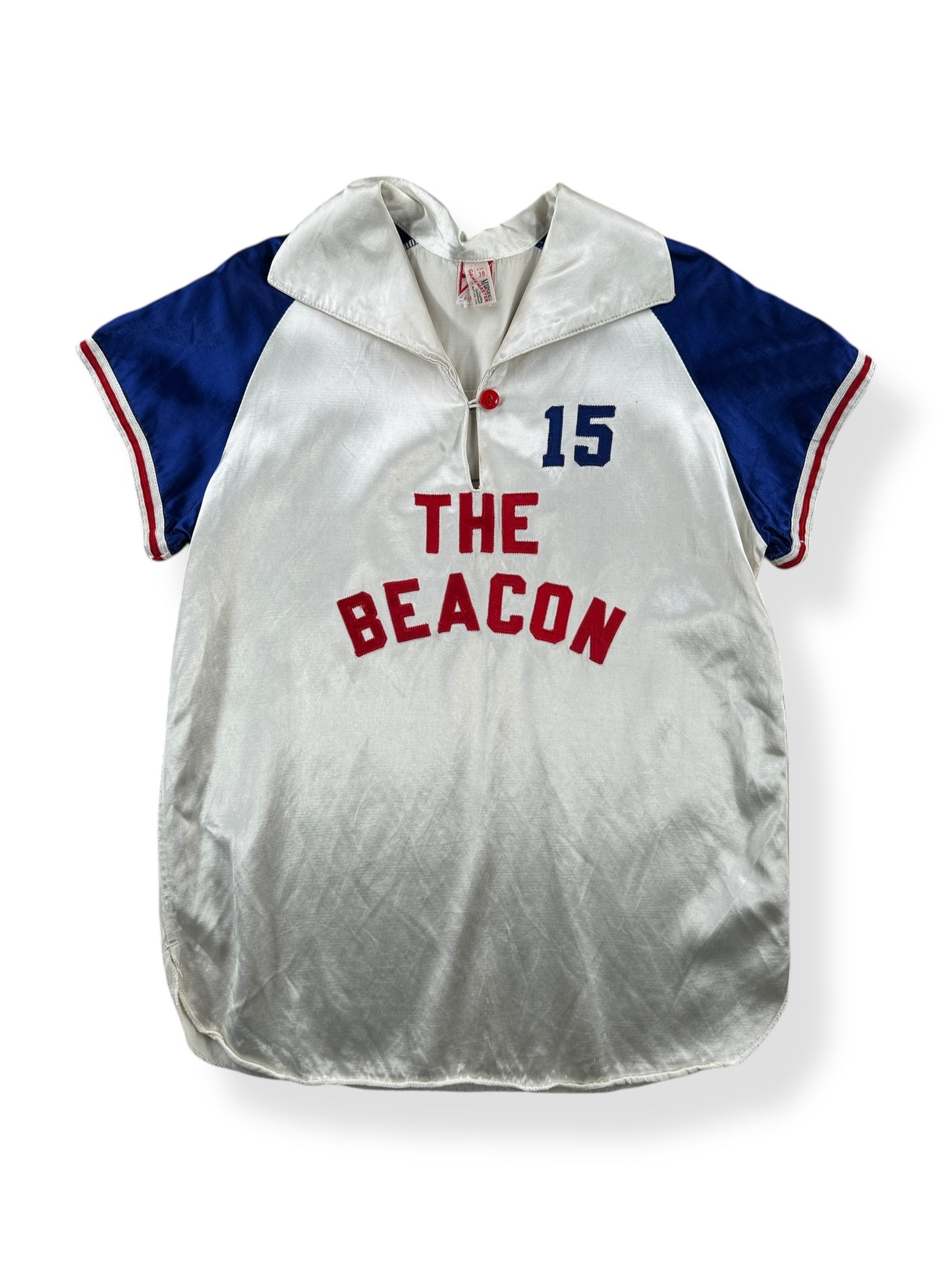 Front of Vintage Satin The Beacon "15" Jersey SZ M