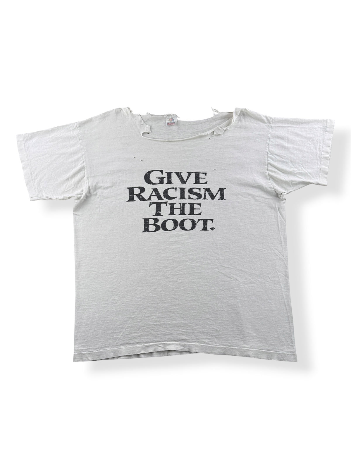 Front of Vintage Thrashed Give Racism The Boot Timberland Tee SZ XL