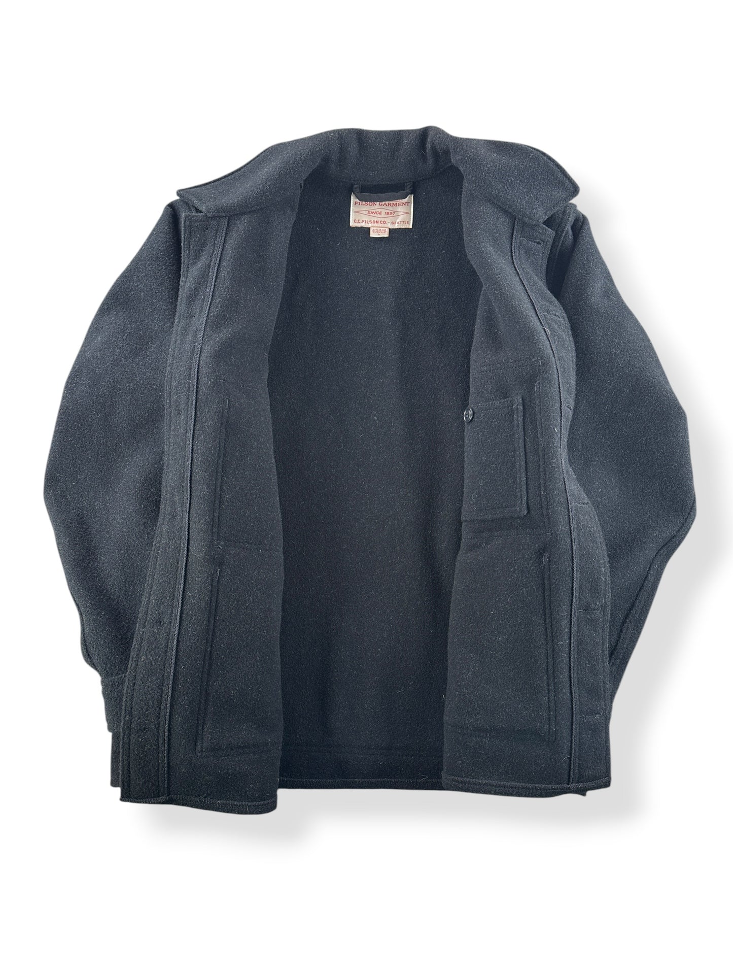 Inside of Filson Charcoal Mackinaw Wool Cruiser SZ L