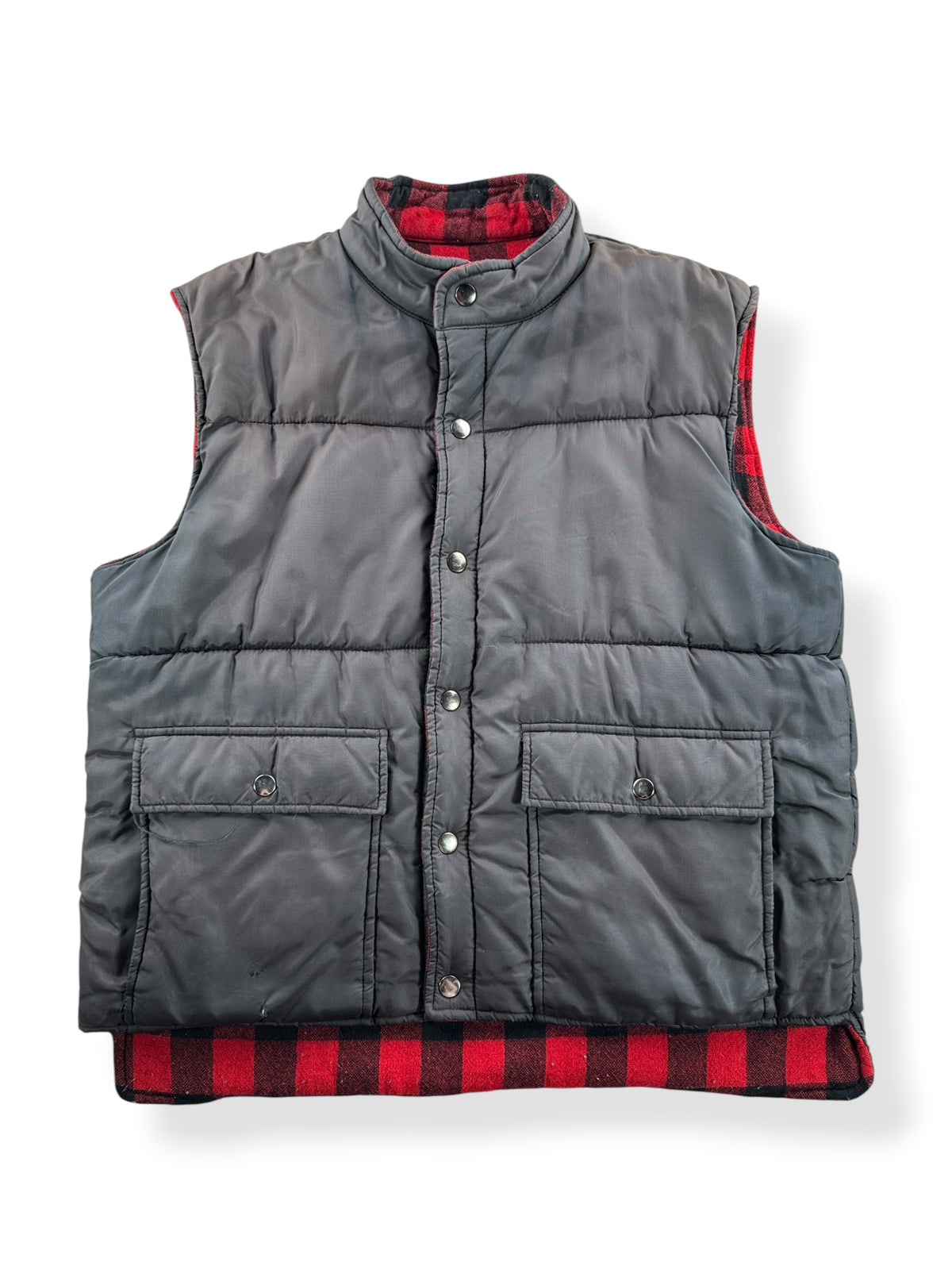 Front of inside-out Vintage Arrow Buffalo Plaid Down Vest SZ L