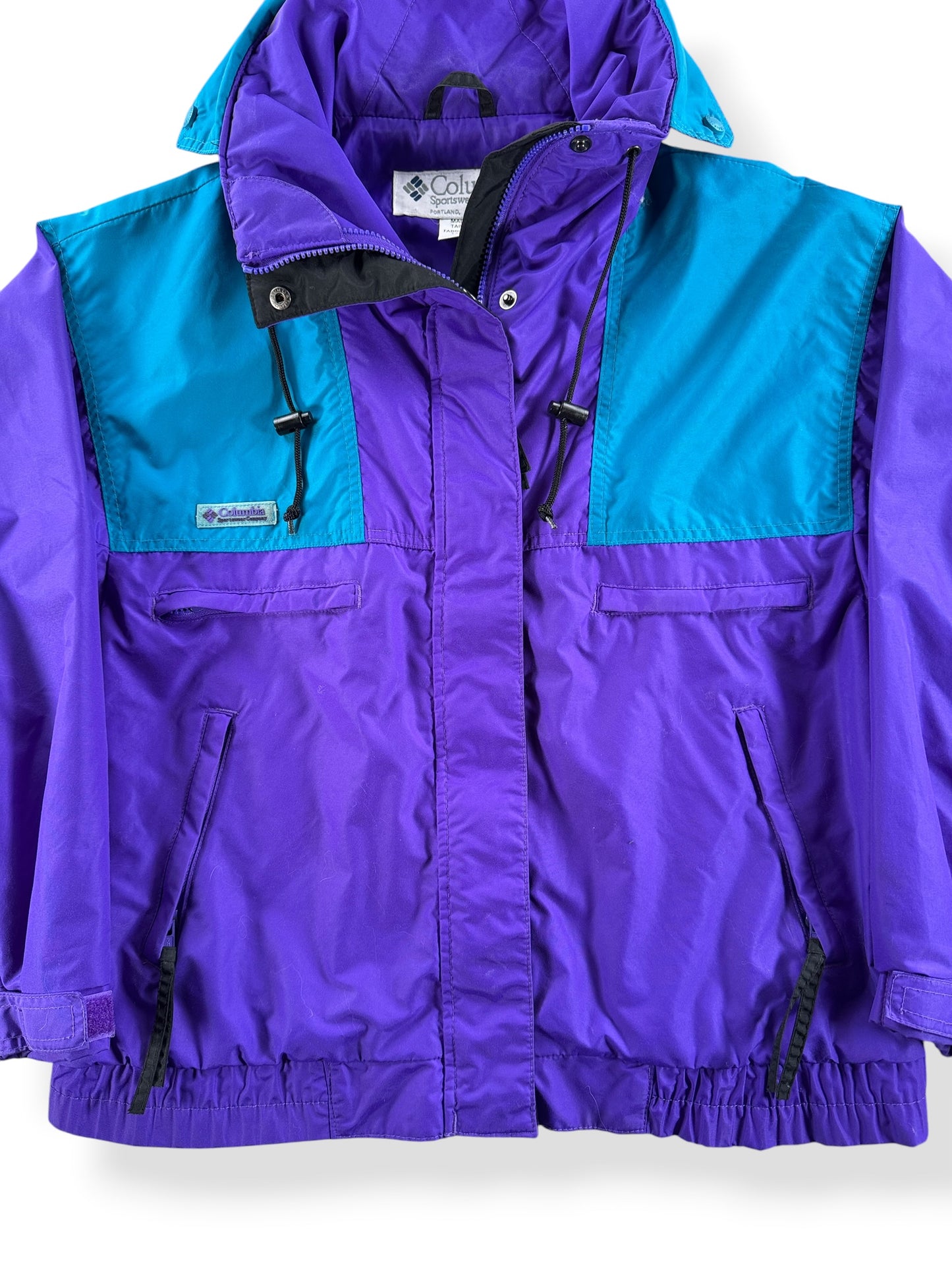 Front Close Up of Vintage Women's Purple Columbia Nylon Jacket SZ M