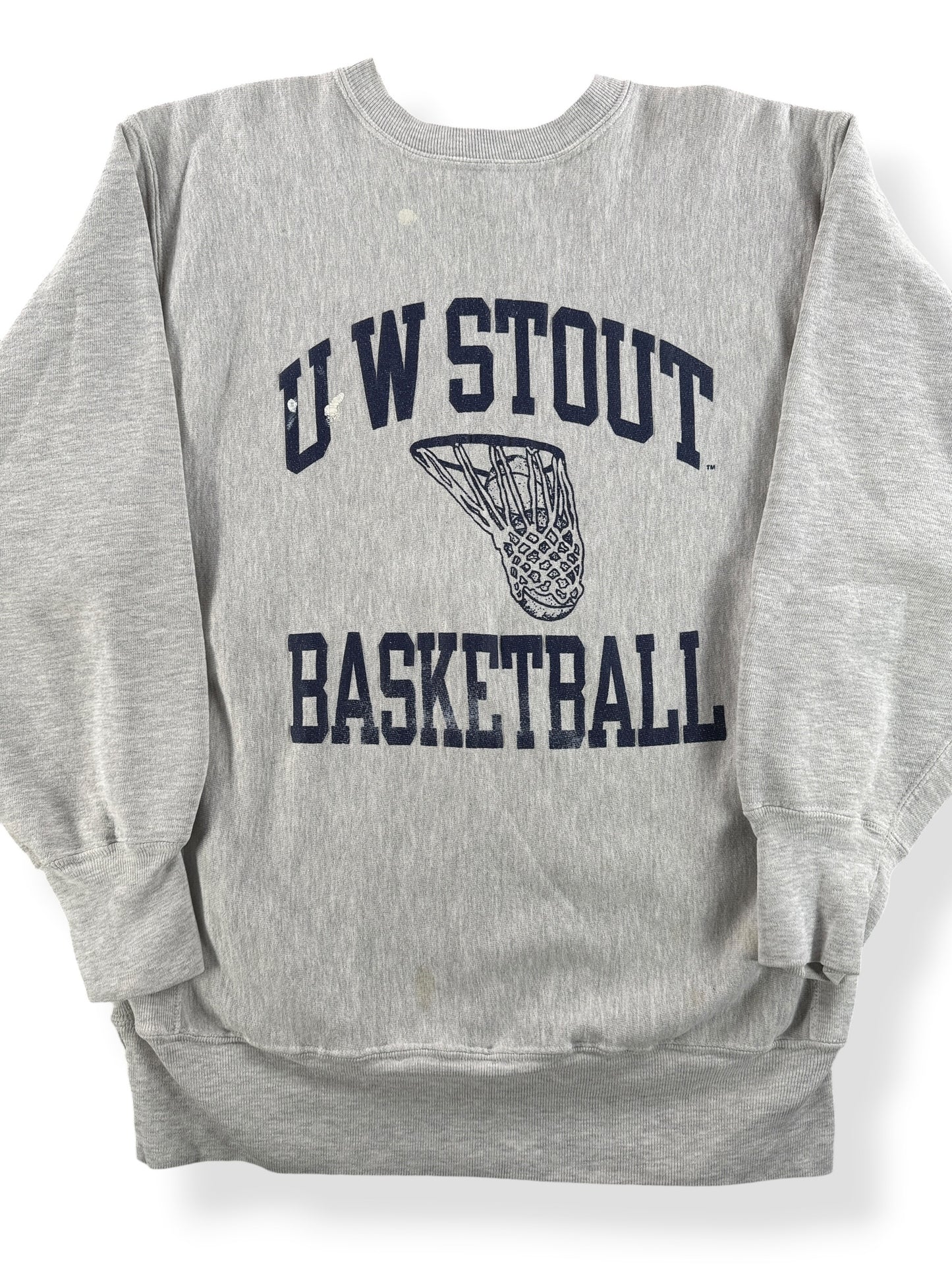 Front Close Up of Vintage Champion University of Wisconsin Stout Basketball Reverse Weave Crewneck SZ XL (Fits M)