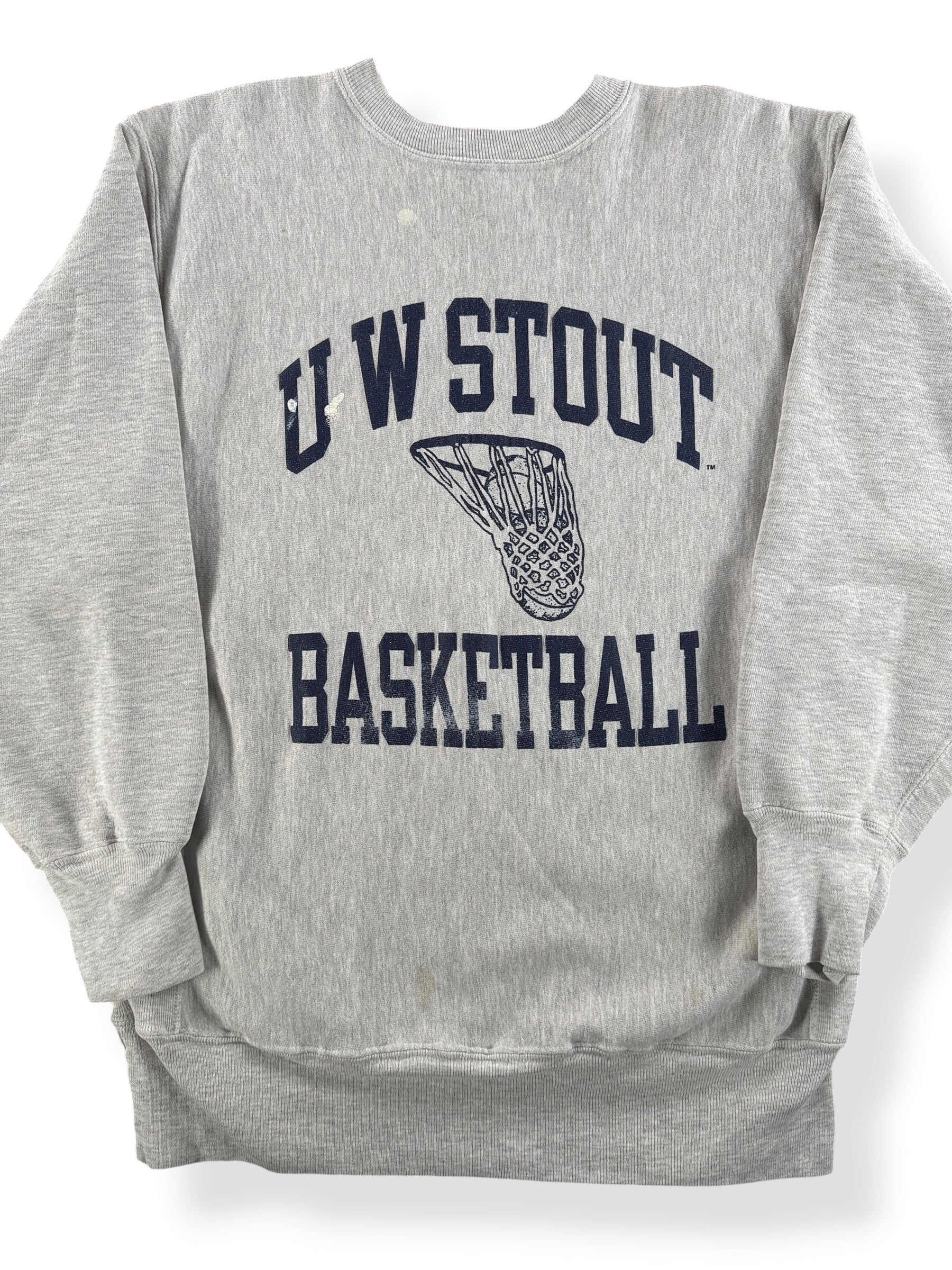 Front Close Up of Vintage Champion University of Wisconsin Stout Basketball Reverse Weave Crewneck SZ XL (Fits M)