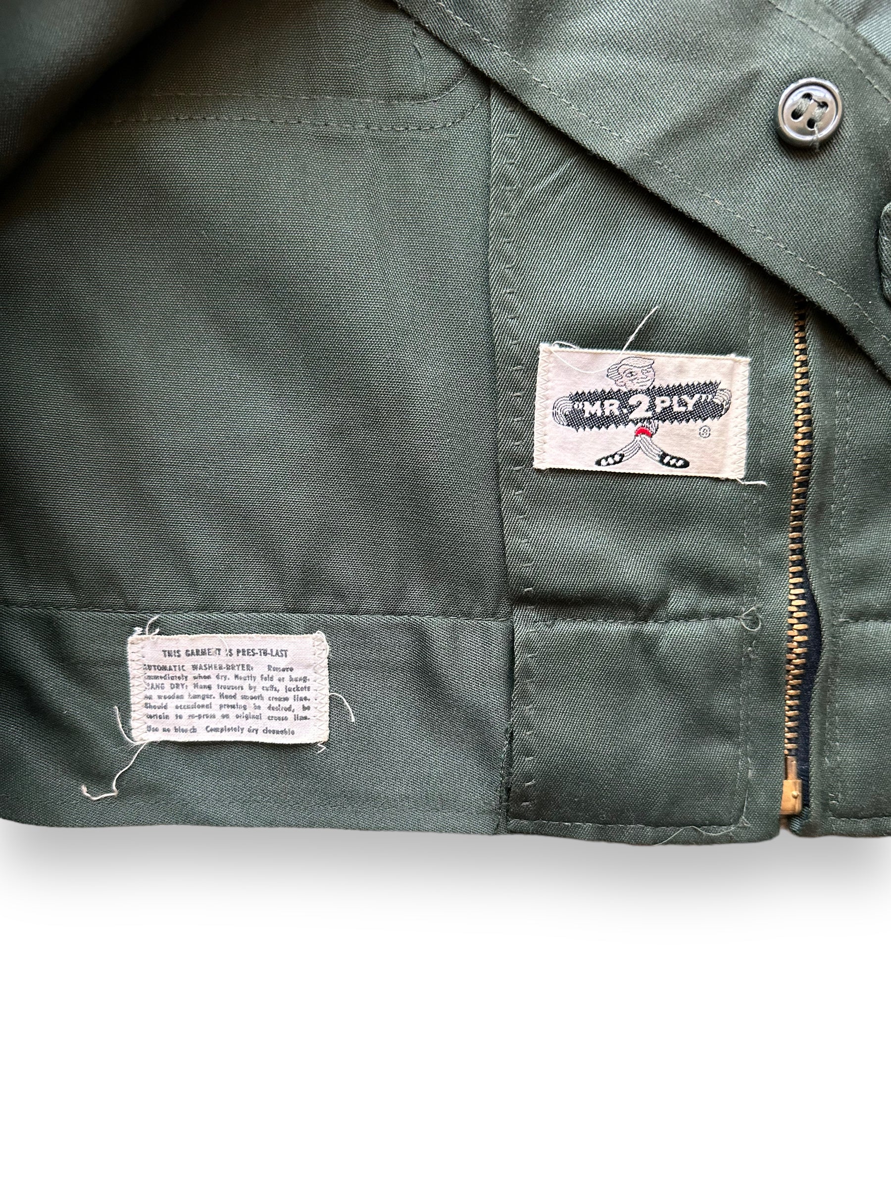 Mr 2-Ply Tags on Vintage Mr 2-Ply Slate Green Gas Station Jacket SZ 48 | Vintage Workwear Jacket Seattle | Seattle Vintage Clothing