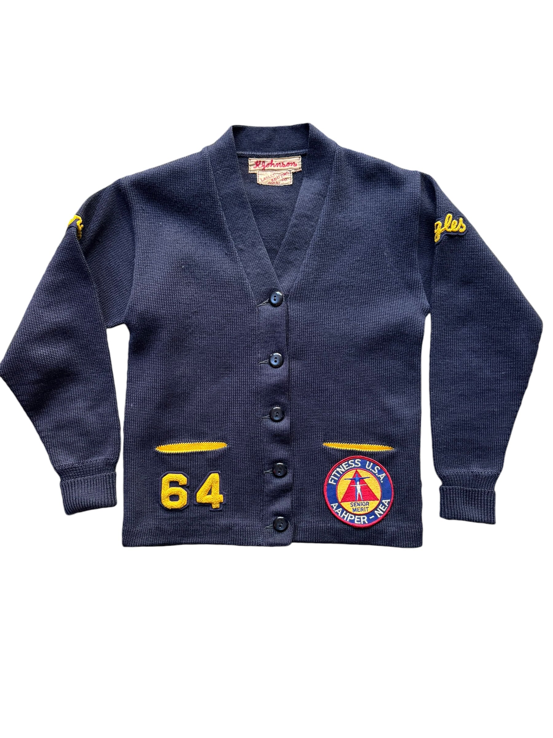 Front flat view of 1964 Lasley Fitness USA Letterman Cardigan S