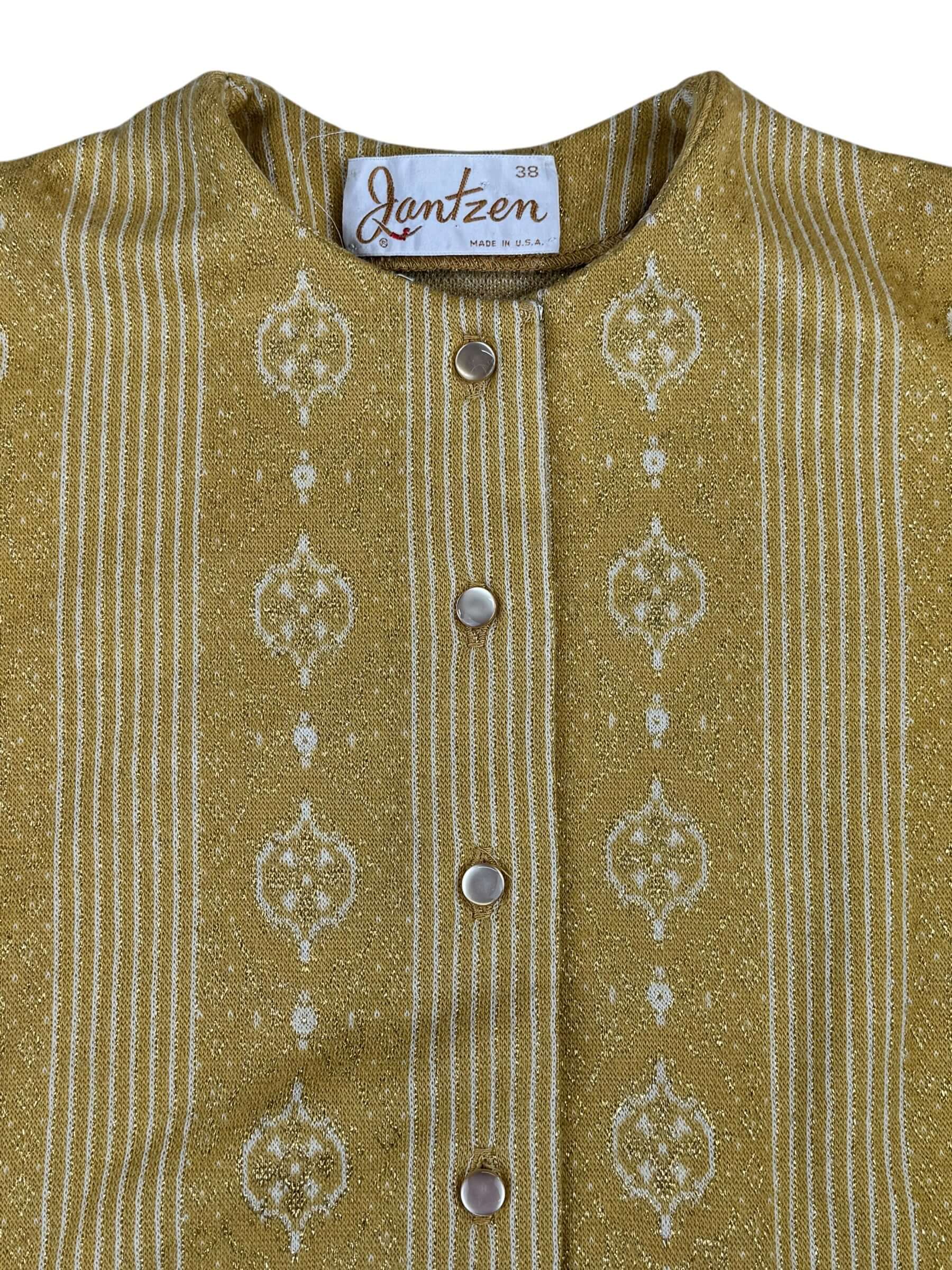 Tag view of 1960s Gold Lurex Jantzen Cardigan L