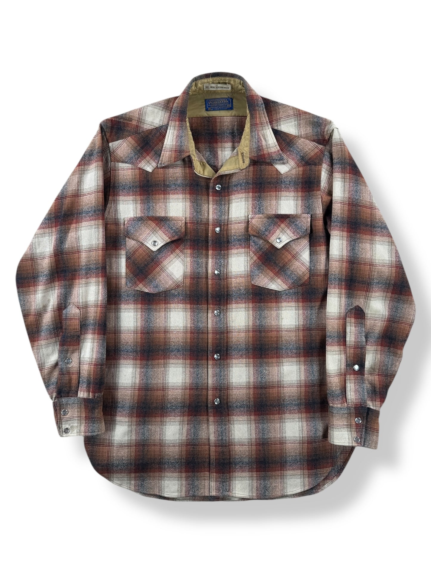 Front of Vintage Pendleton Burgundy Plaid Pearlsnap Flannel SZ M