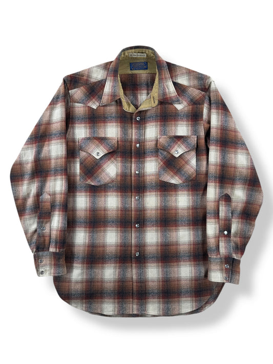 Front of Vintage Pendleton Burgundy Plaid Pearlsnap Flannel SZ M
