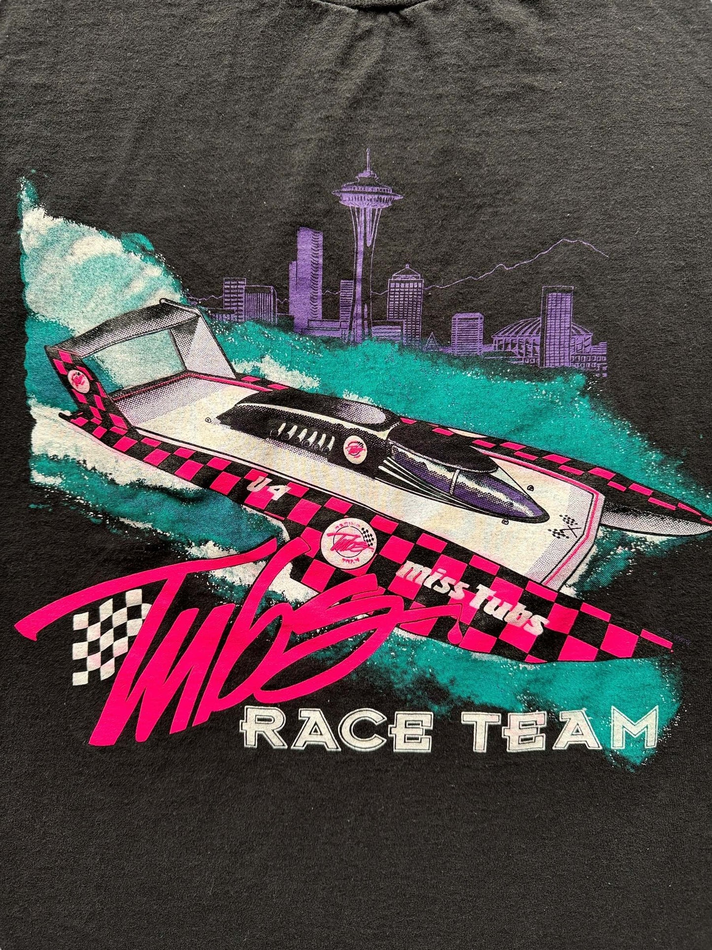 Front Graphic of Vintage Miss Tubs Race Team Tee SZ L