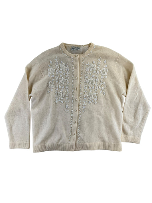 Front view of 1950s Frederick and Nelson Beaded Lambswool Cardigan XL