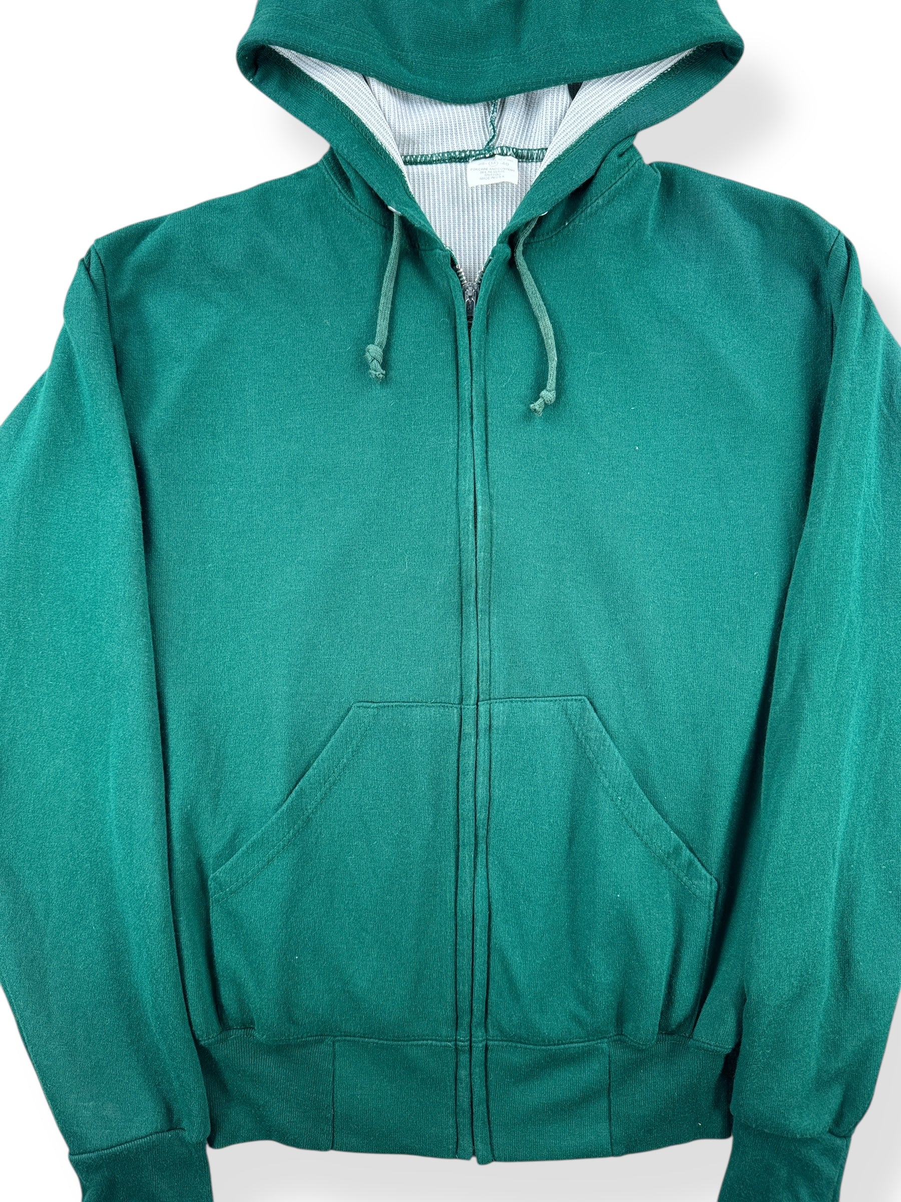 Front Close Up of Vintage Green Thermal Lined Zip Up Hoodie SZ S
