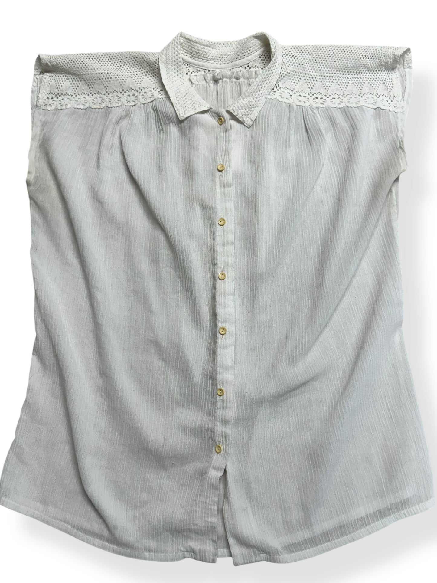 Front view of 1970s Gauzy Lace Button Up Top L