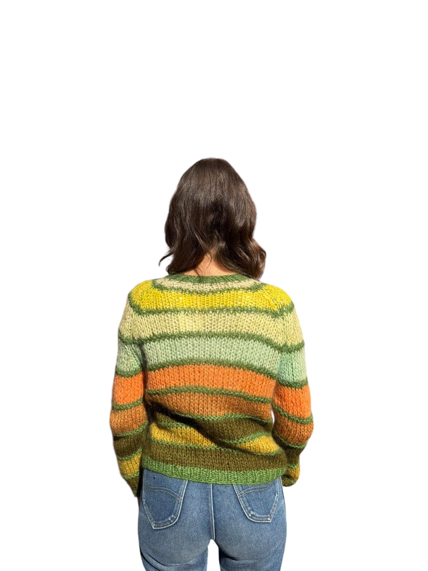 Back model view of 1960s Green and Orange Striped Cardigan L