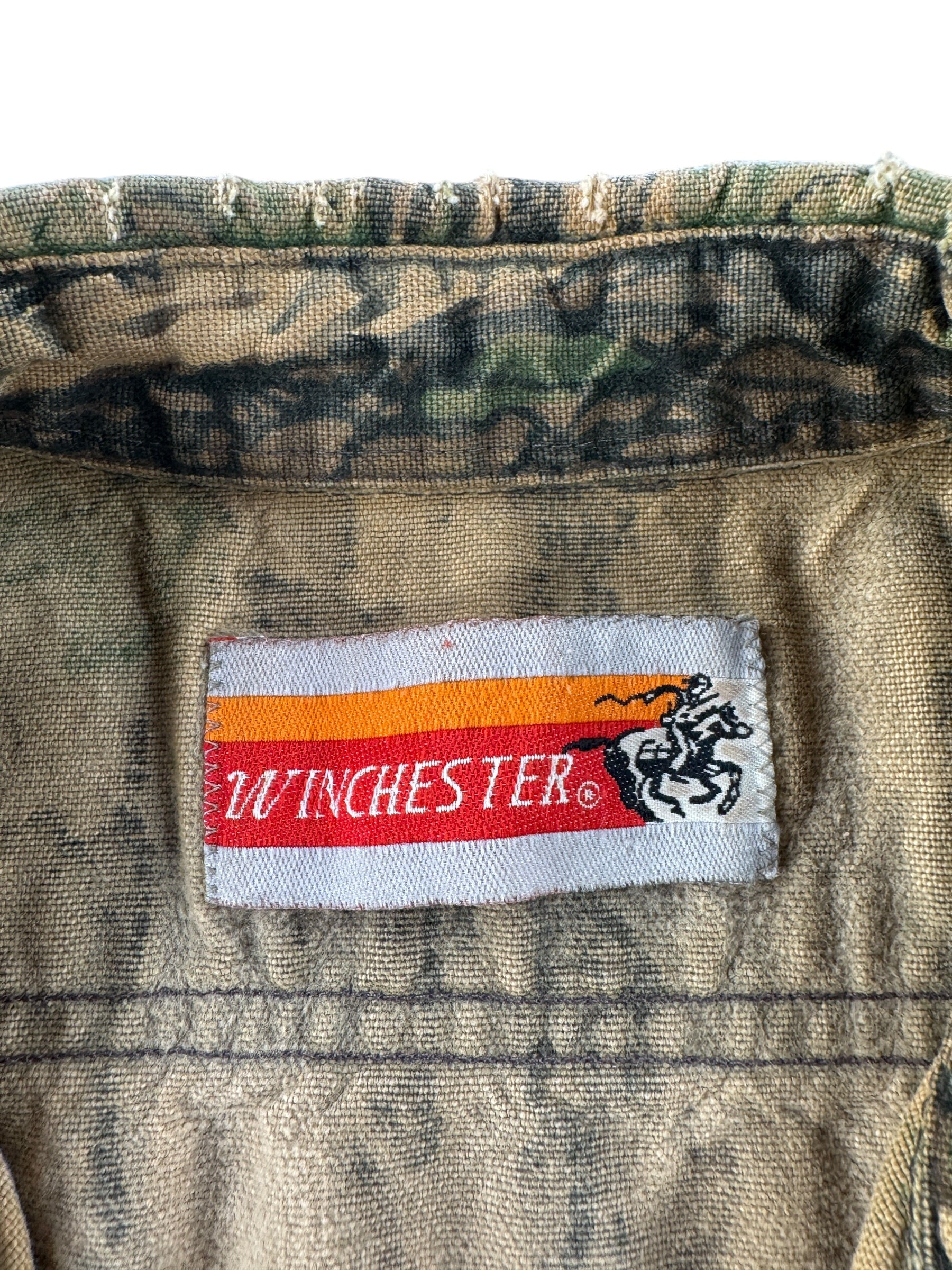 Label on Vintage Winchester Chamois Cloth Camo Shirt SZ XL