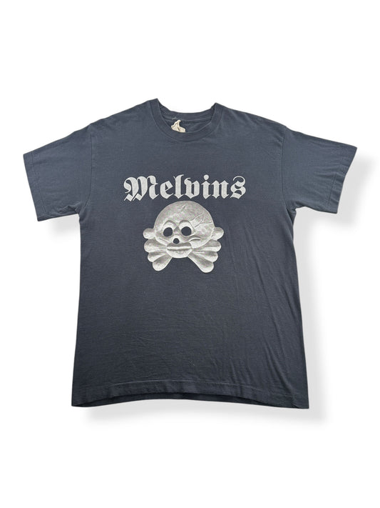 Front of Vintage Early 90s Era Melvins Skull Glitter Print Tee SZ M