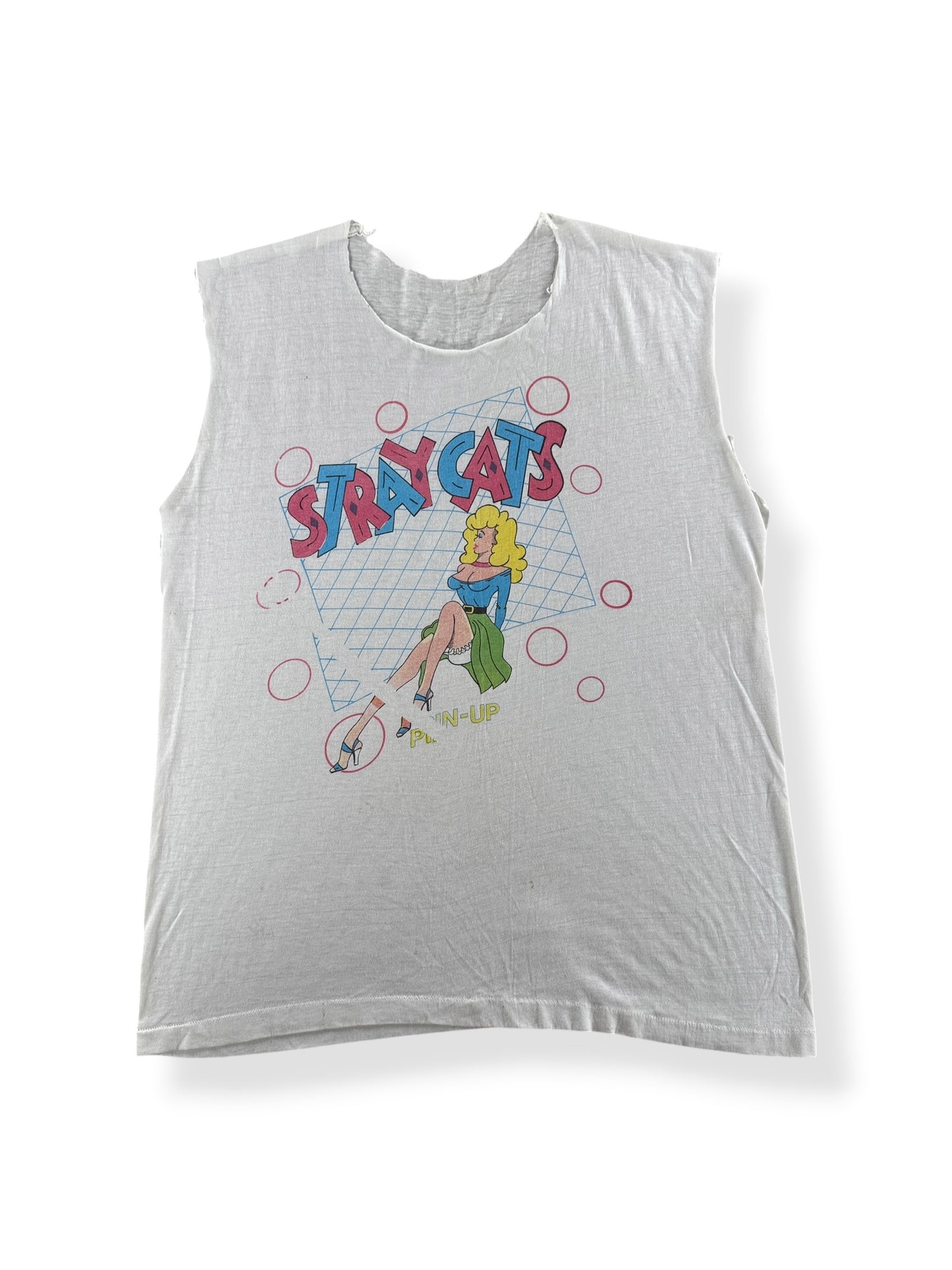 Front of Vintage Stray Cats Pinup Cut Off Tee SZ L