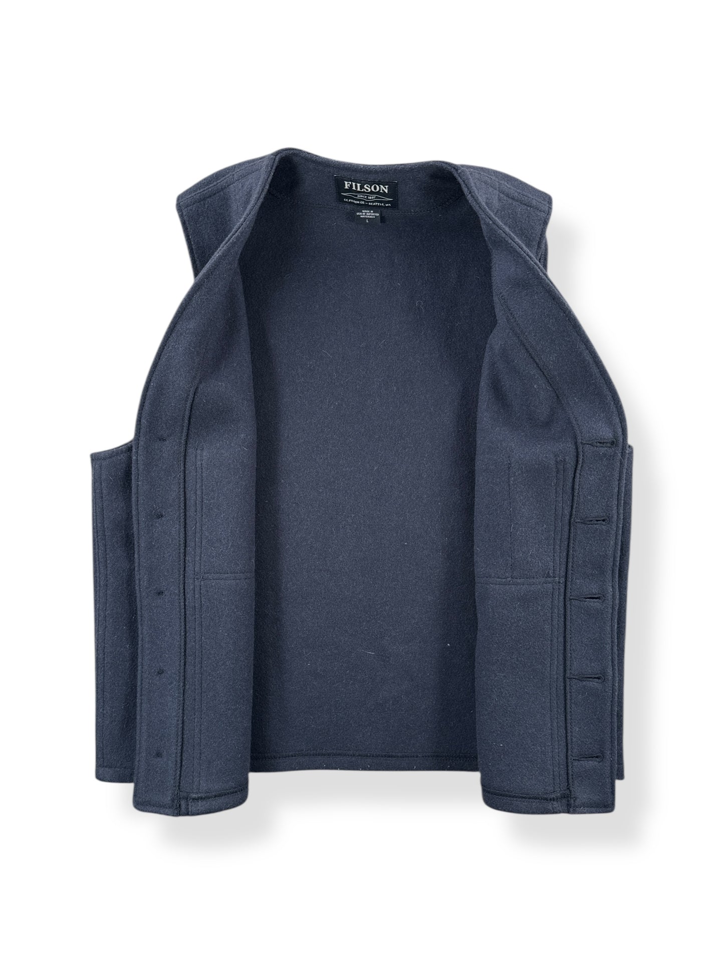 Inside of Filson Navy Wool Vest SZ L