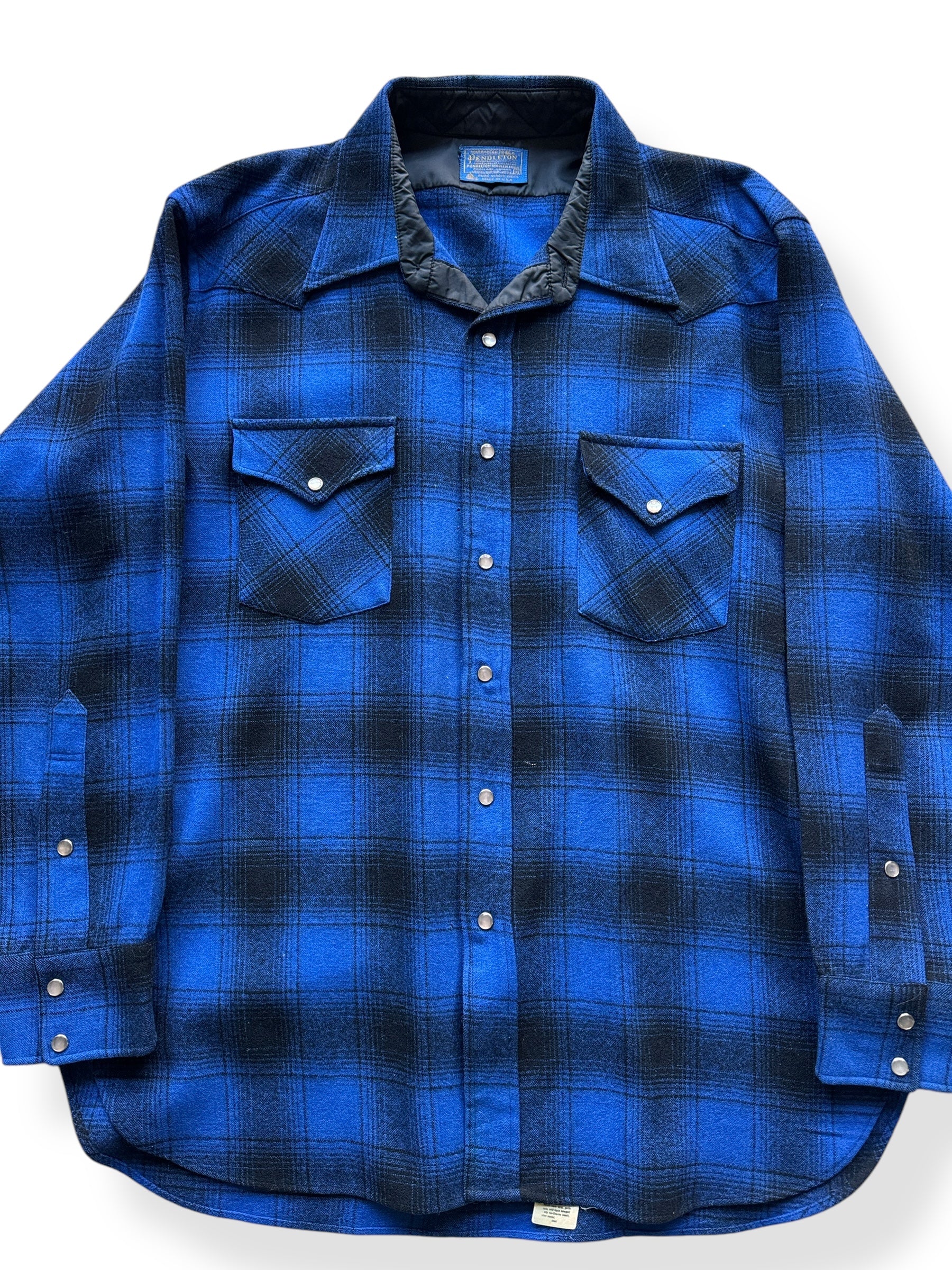 Front Close Up of Vintage Pendleton Dark Blue High Grade Western Wear Shadow Plaid Pearl Snap SZ XL