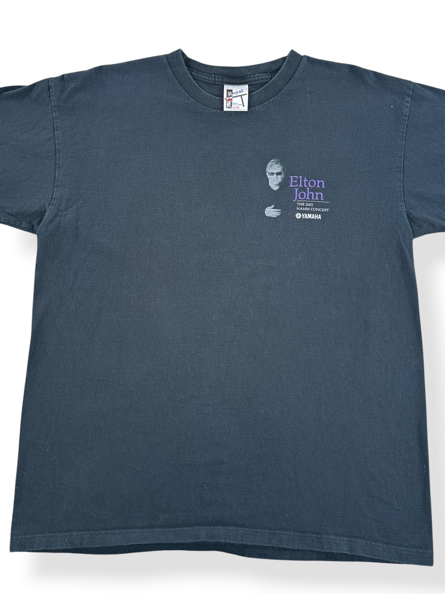 Front Close Up of Vintage Elton John 2003 NAMM Tee SZ XL