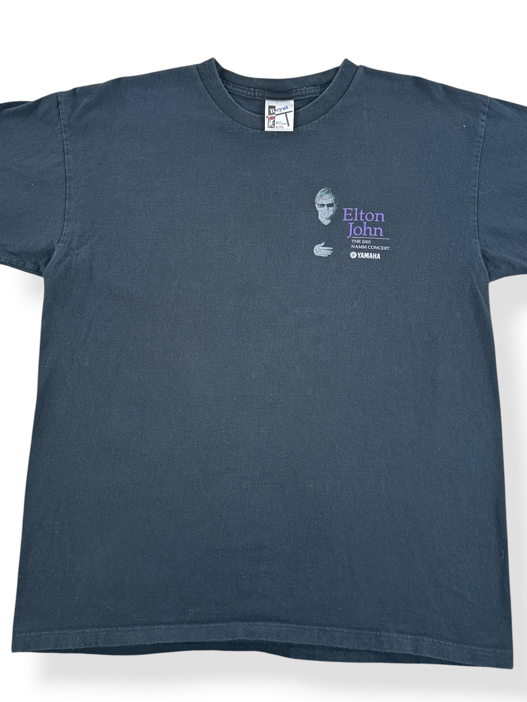 Front Close Up of Vintage Elton John 2003 NAMM Tee SZ XL