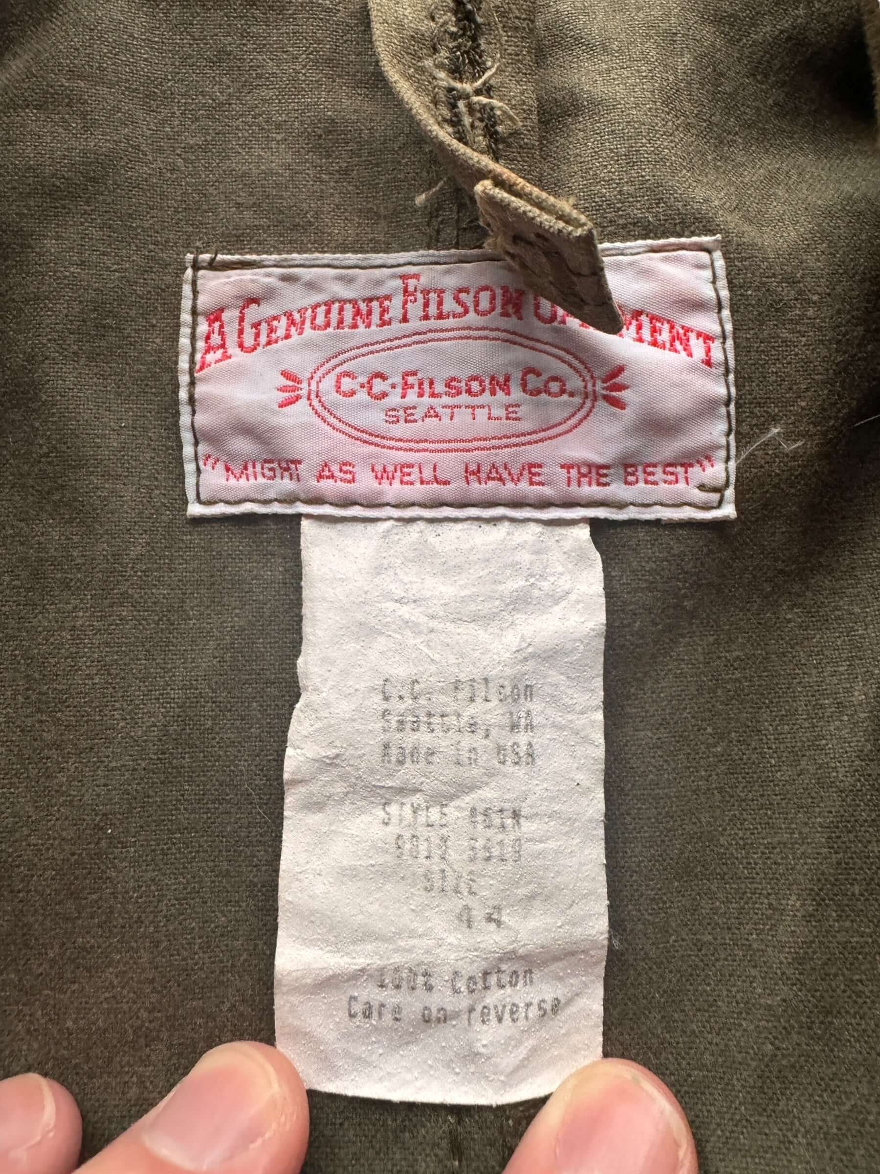 tag on Vintage Filson Shelter Cloth Packer Coat w/ Microsoft Sleeve Embroidery SZ 44