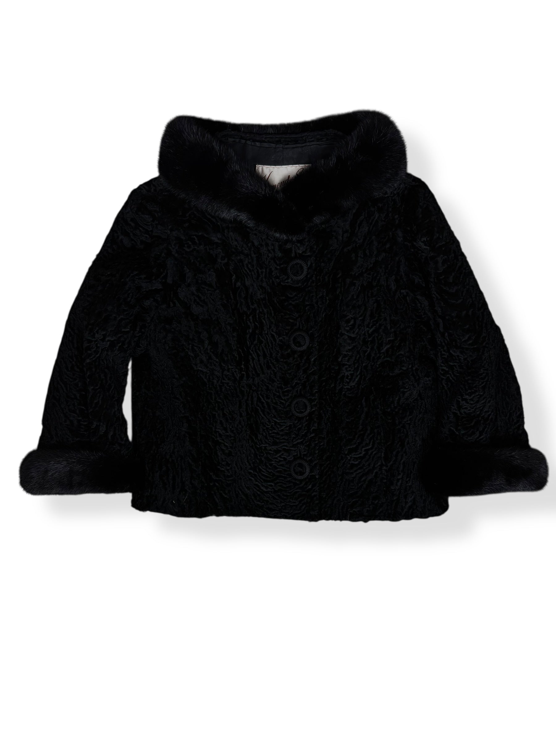 Front view of 1960s Kermend Cropped Lam's Fur and Mink Coat L