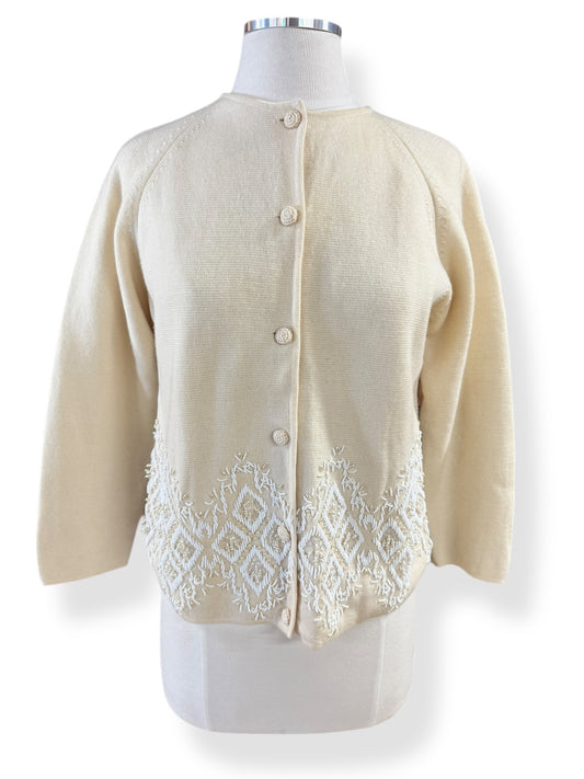 Front view of 1950s Beaded Wool Cardigan L